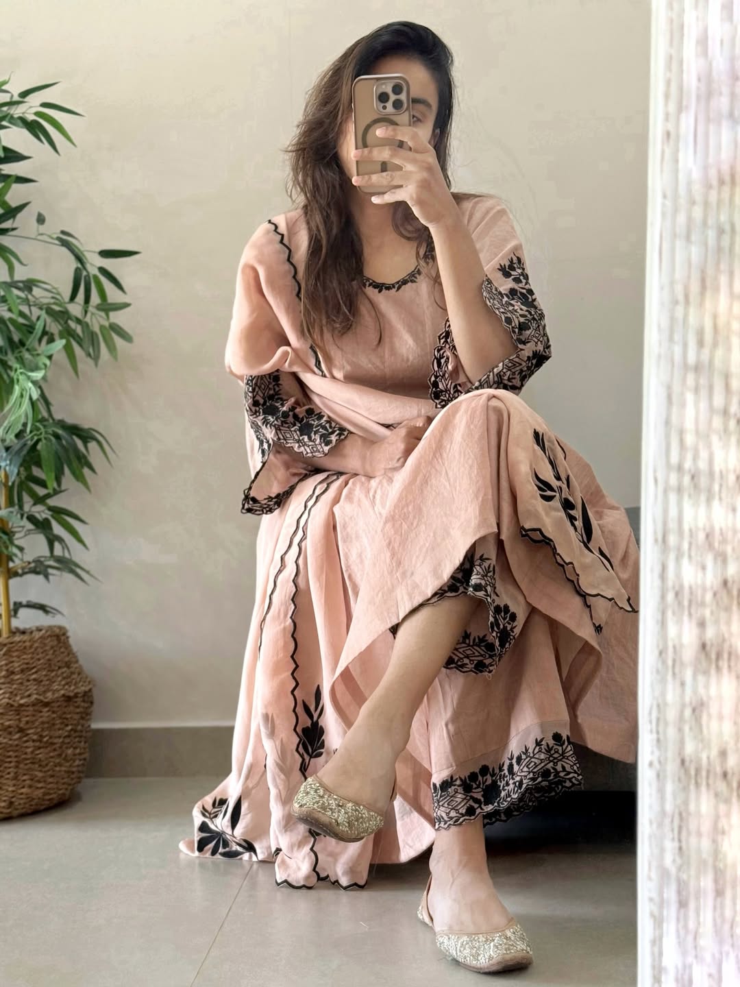 Peach Mul Chanderi Anarkali Suit Set