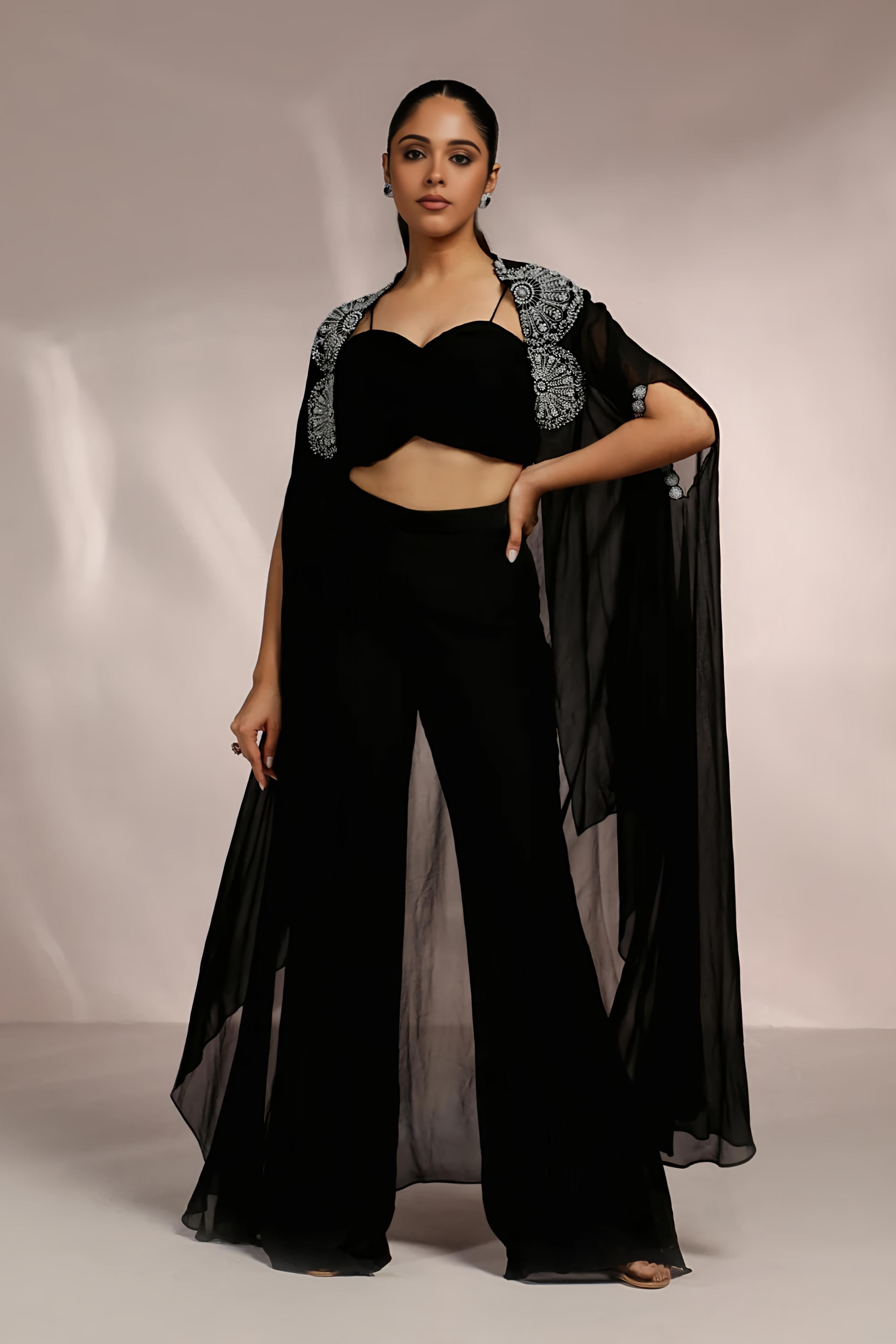 RUCHING BLOUSE WITH SIDE SLIGHT PANT AND CAPE SET