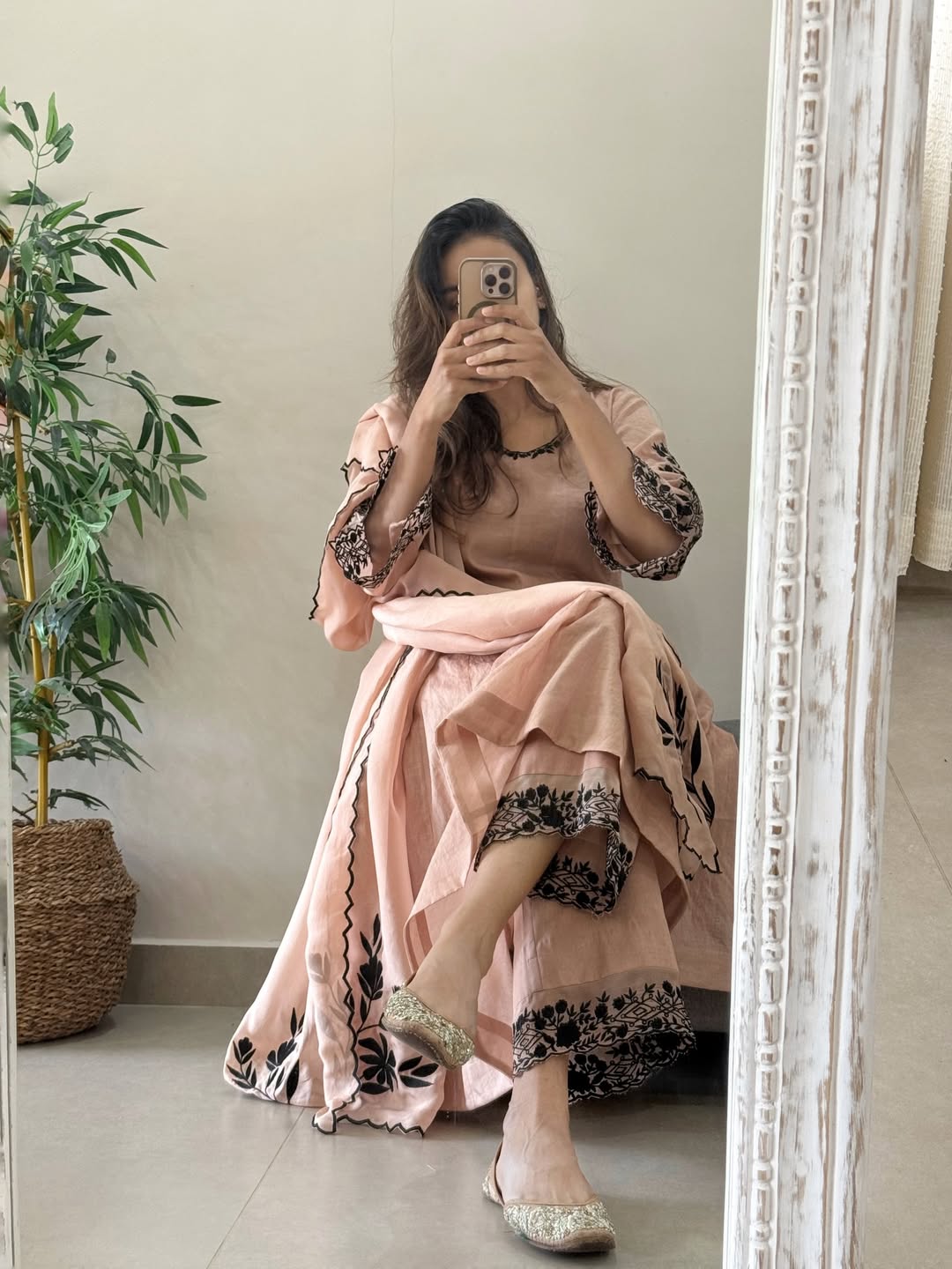 Peach Mul Chanderi Anarkali Suit Set