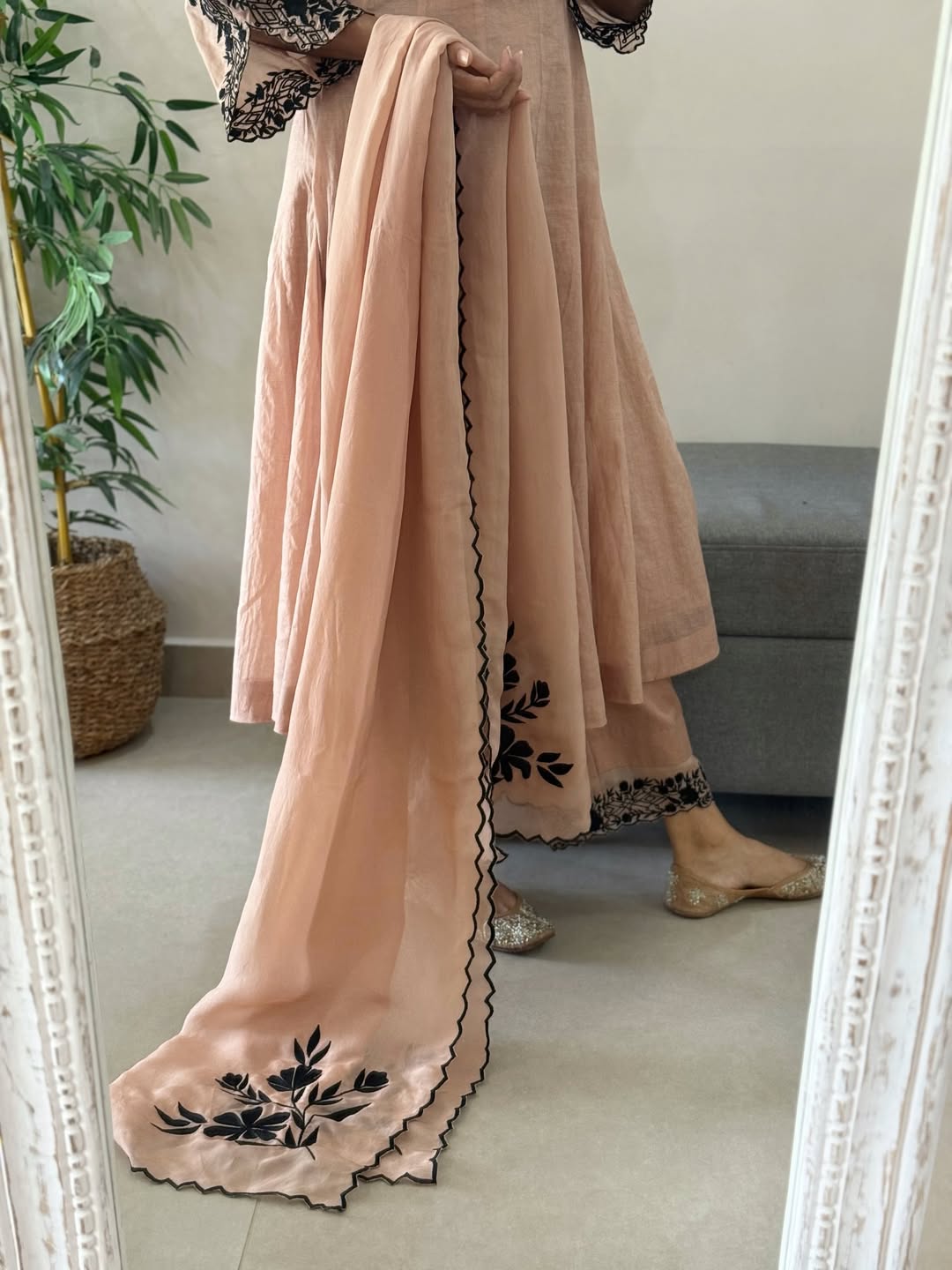 Peach Mul Chanderi Anarkali Suit Set