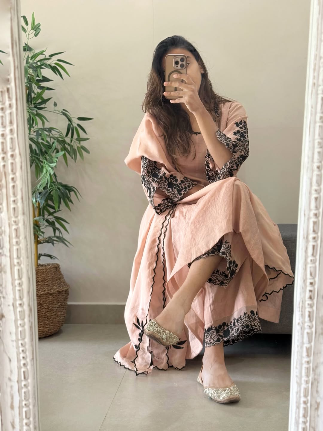 Peach Mul Chanderi Anarkali Suit Set