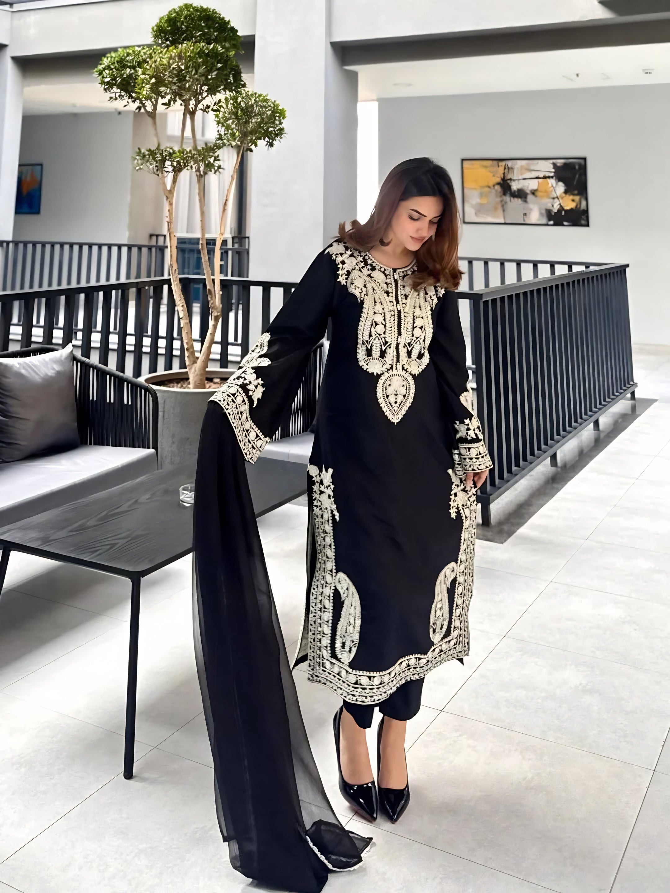 Black Embroidered Suit Set