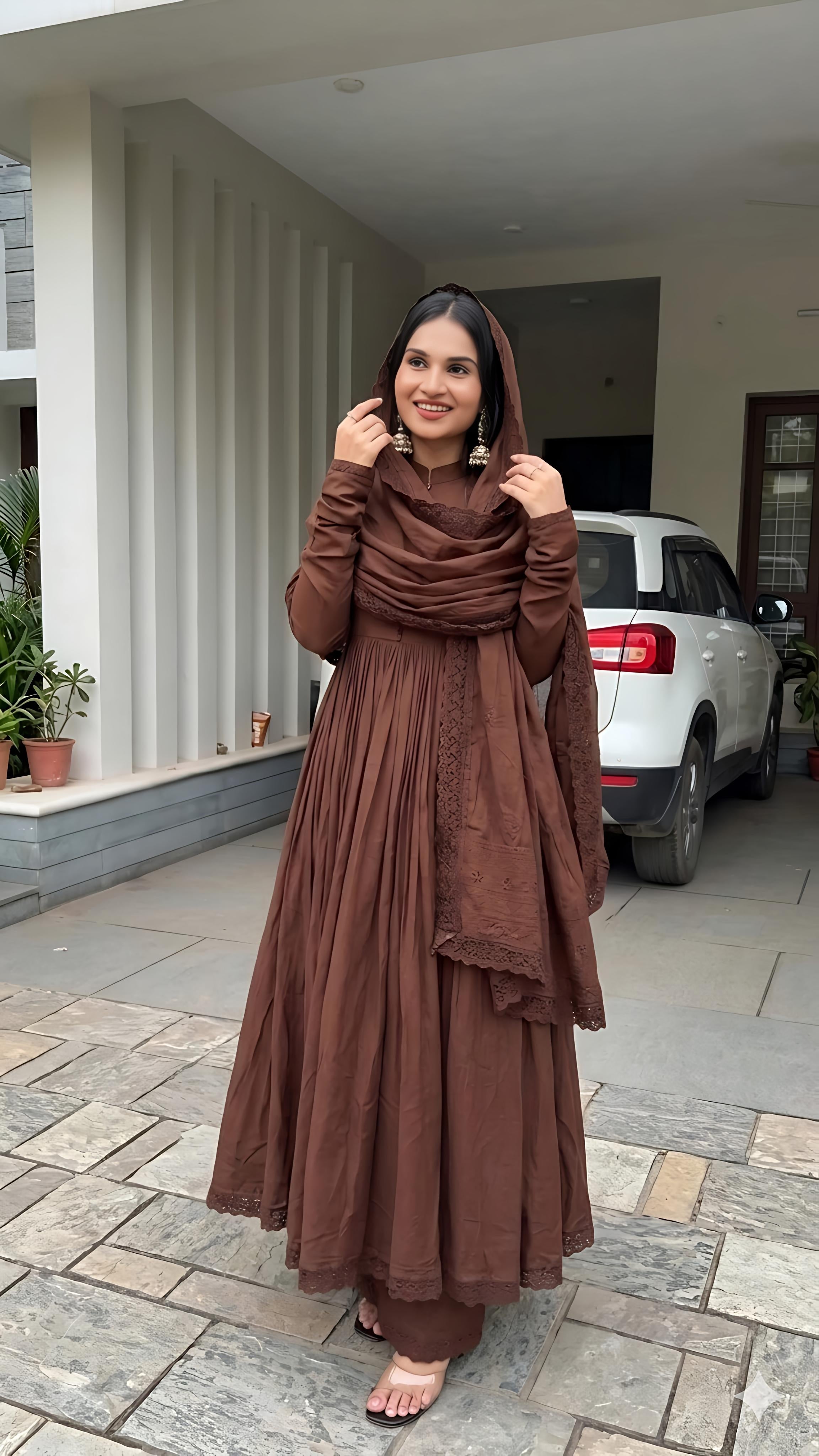 Brown Flared Anarkali Suit Set with Dupatta