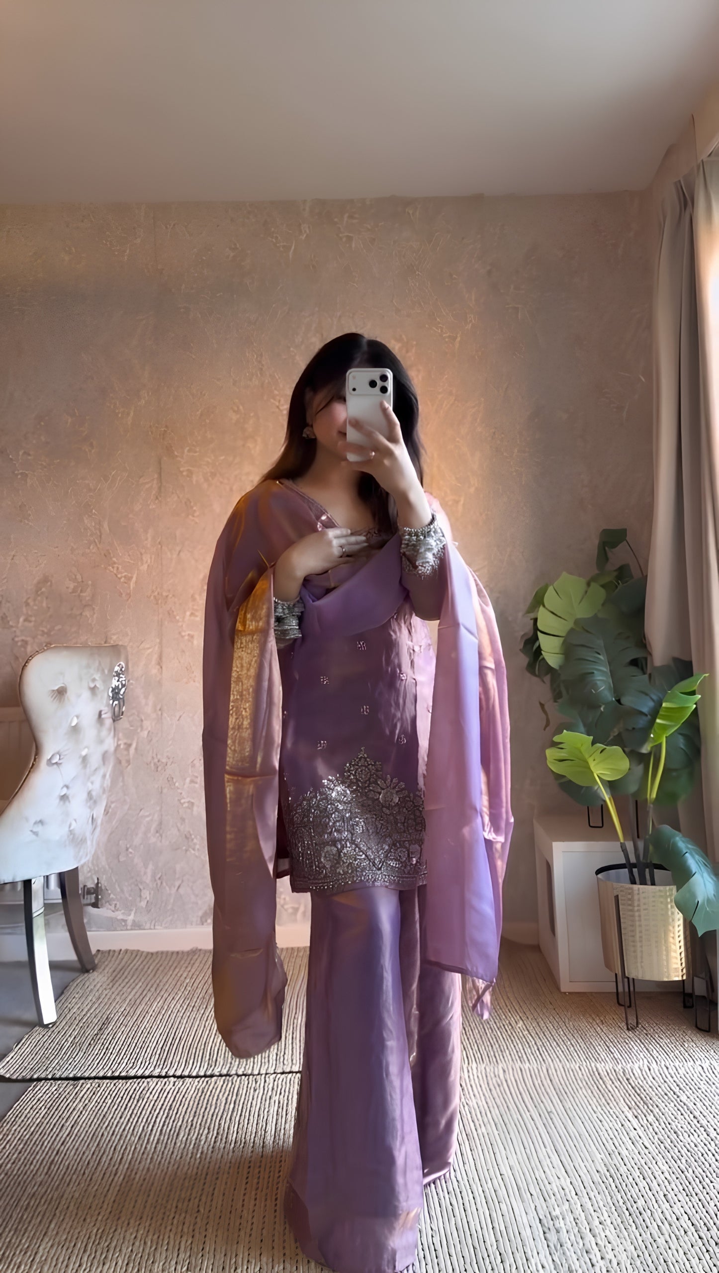 Plush Lavender Fendy Silk Embroidered Kurti Palazzo Set