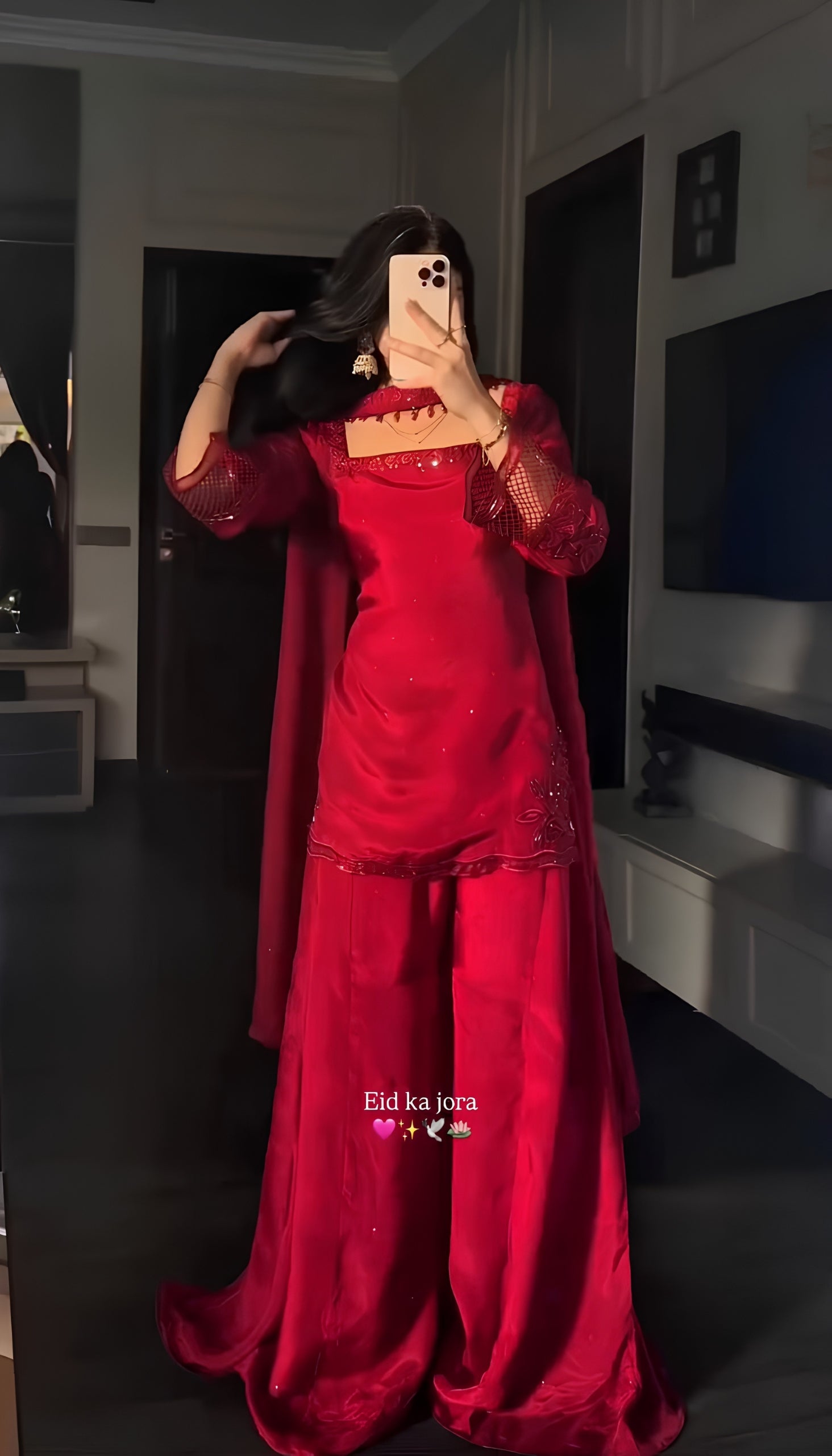 Red Embroidered Crepe Silk Farshi Suit