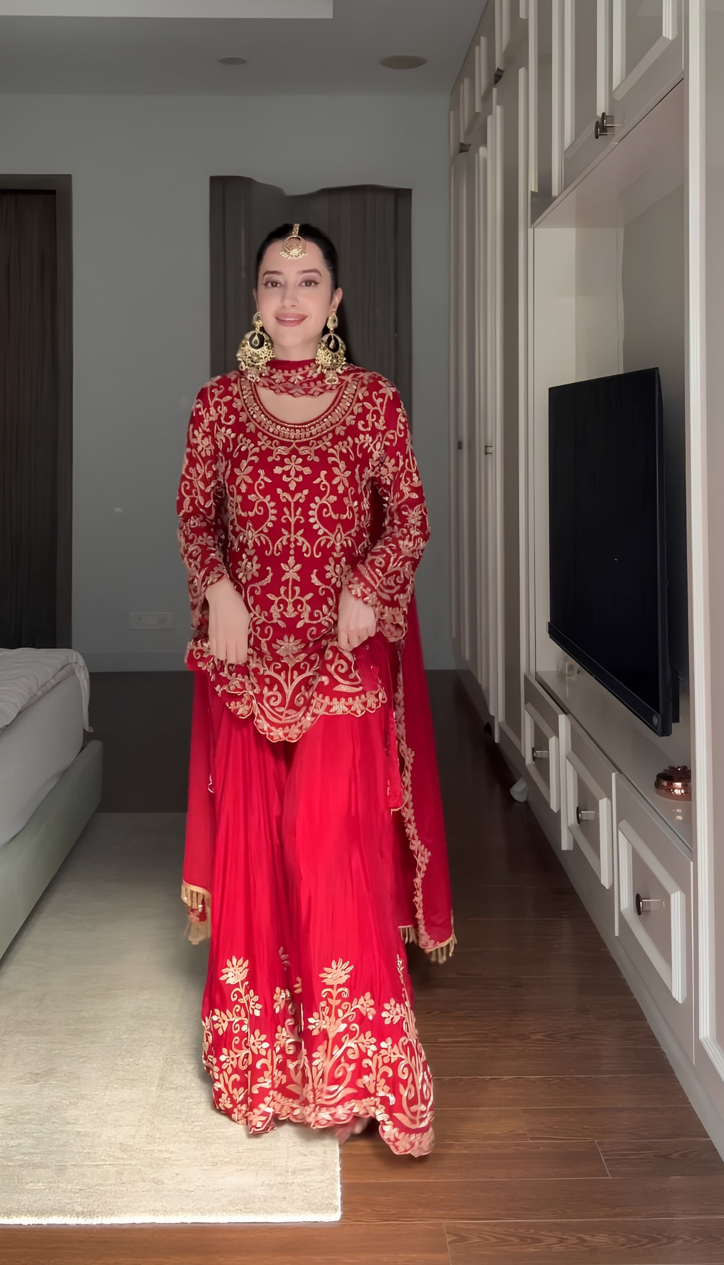Red Heavy Embroidered Faux Georgette Sharara Suit Set