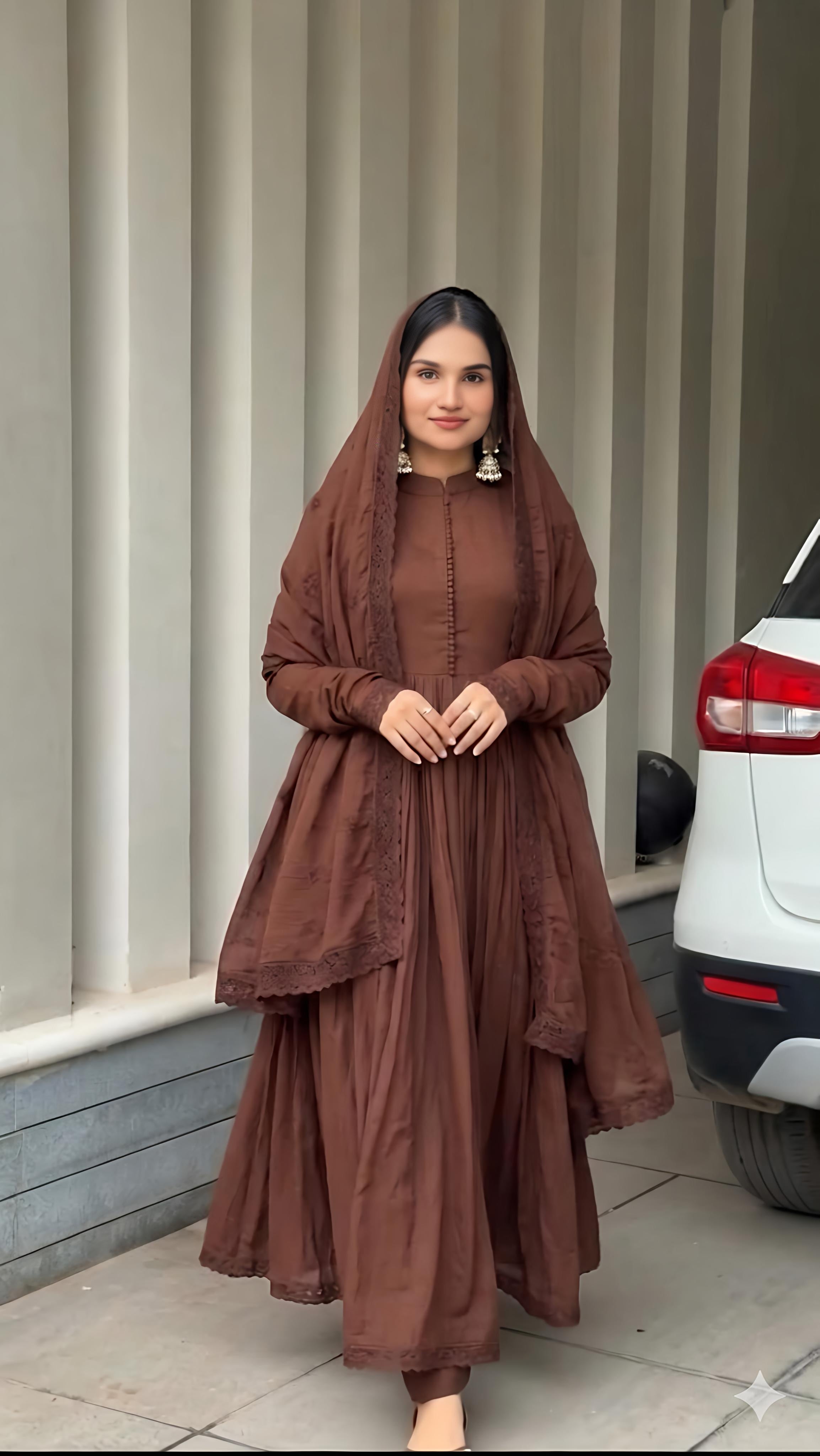 Brown Flared Anarkali Suit Set with Dupatta