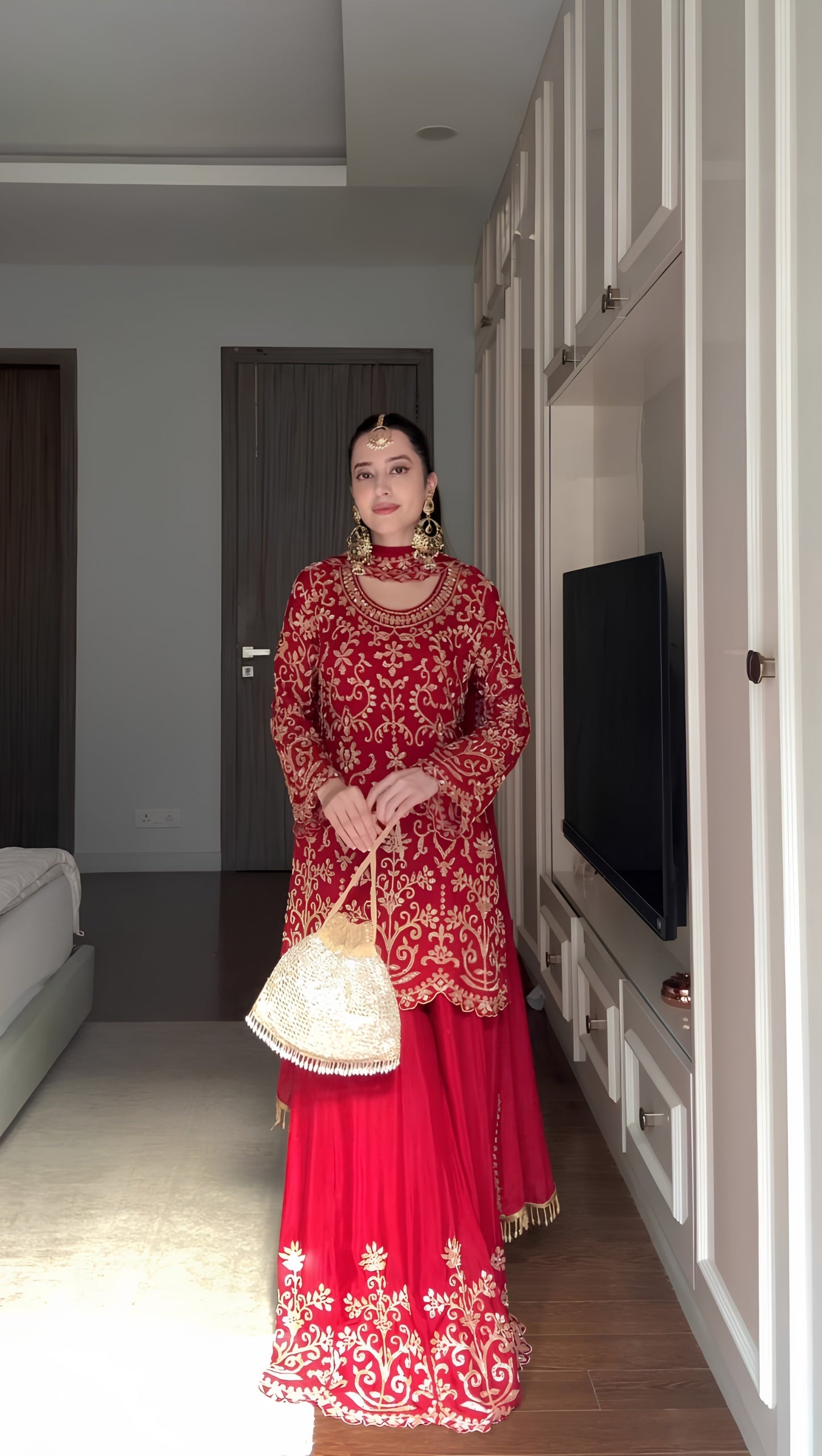 Red Heavy Embroidered Faux Georgette Sharara Suit Set