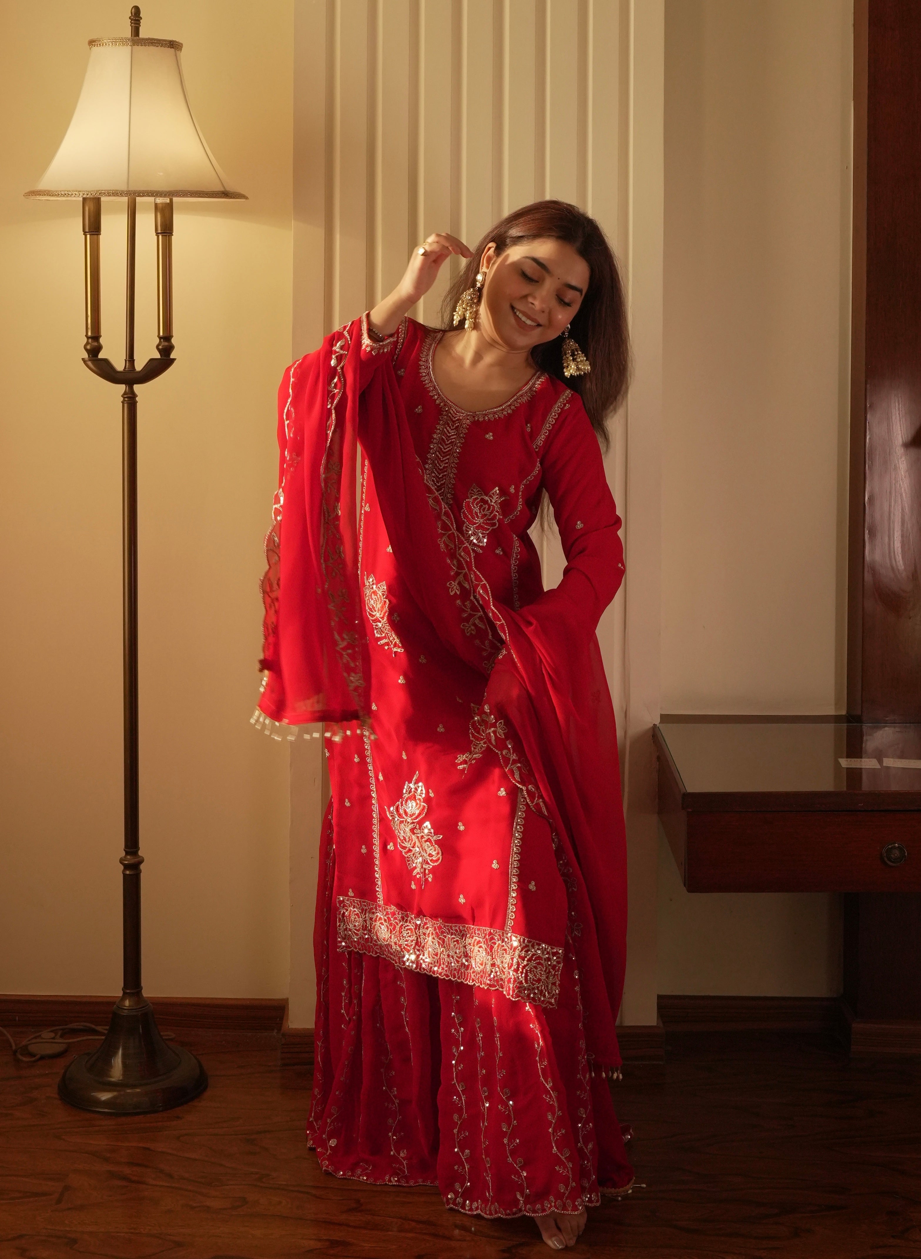 Traditional Red Hand-Embroidered Silk Sharara Suit