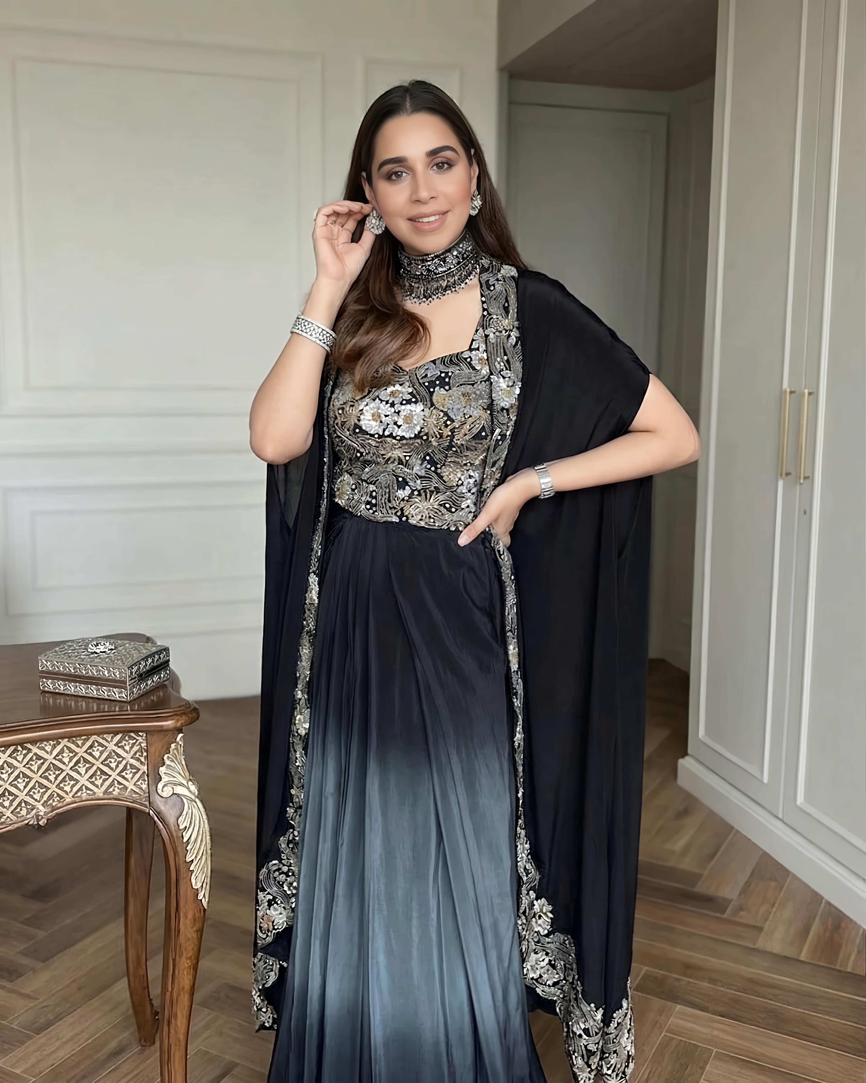 Black Ombre Draped Dhoti Skirt Set