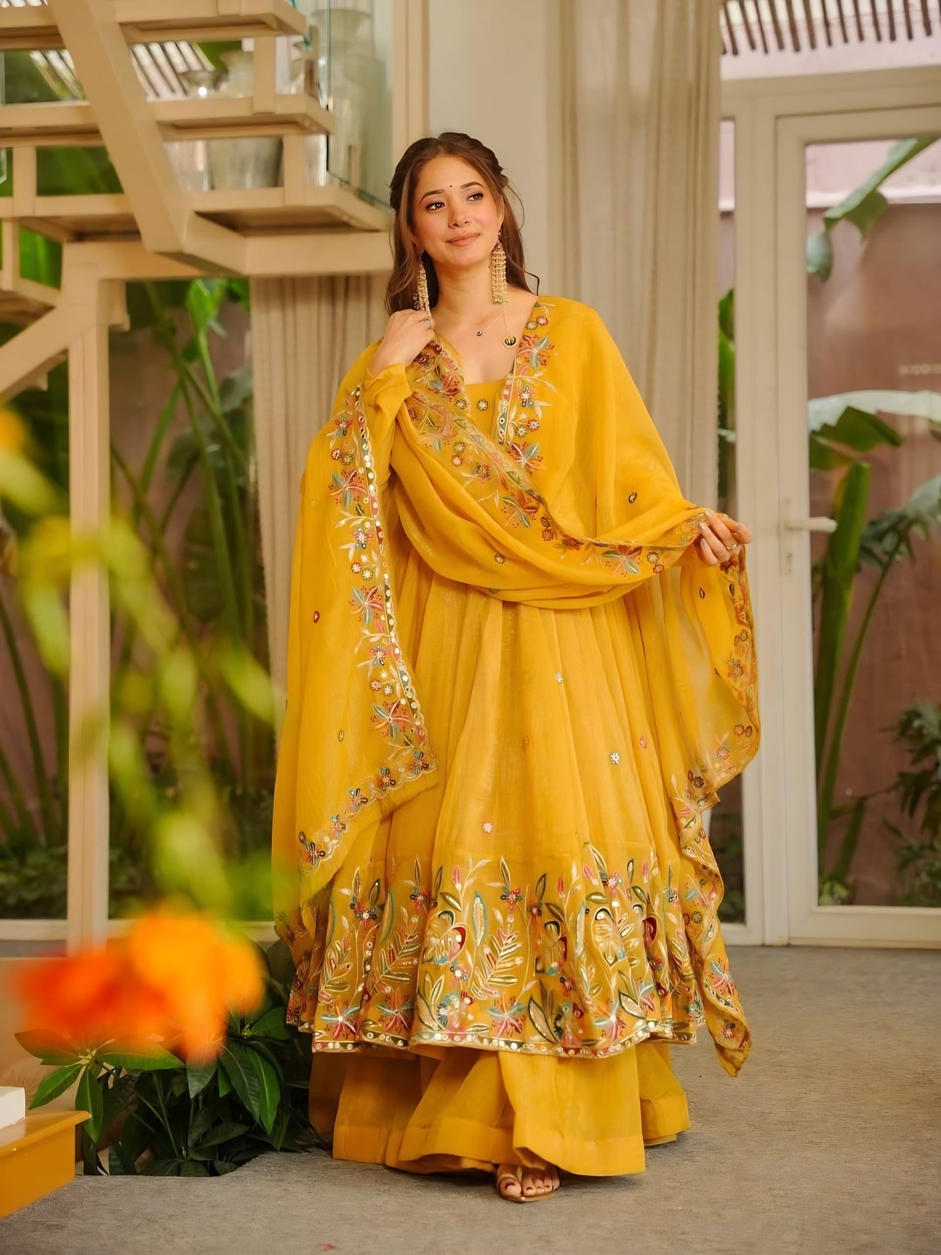 Yellow Embroidered Crunchy Silk Anarkali Suit Set