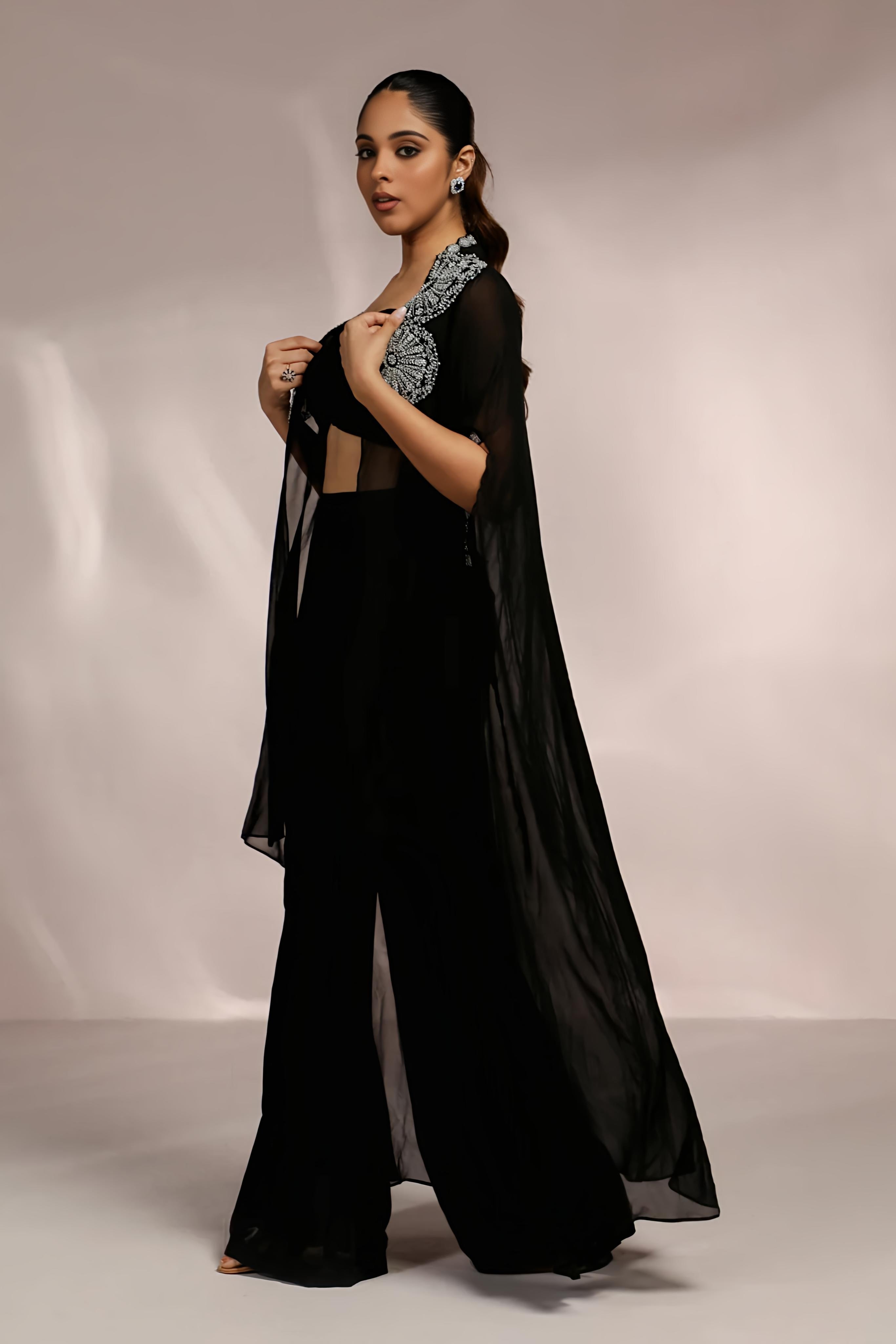 RUCHING BLOUSE WITH SIDE SLIGHT PANT AND CAPE SET