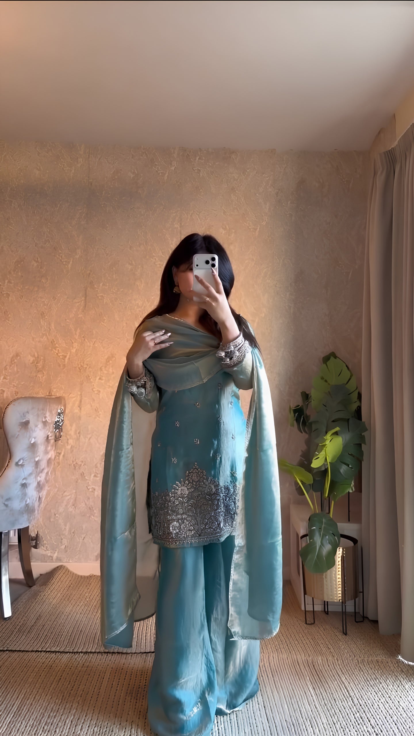 Plush Sky Blue Fendy Silk Embroidered Kurti Palazzo Set