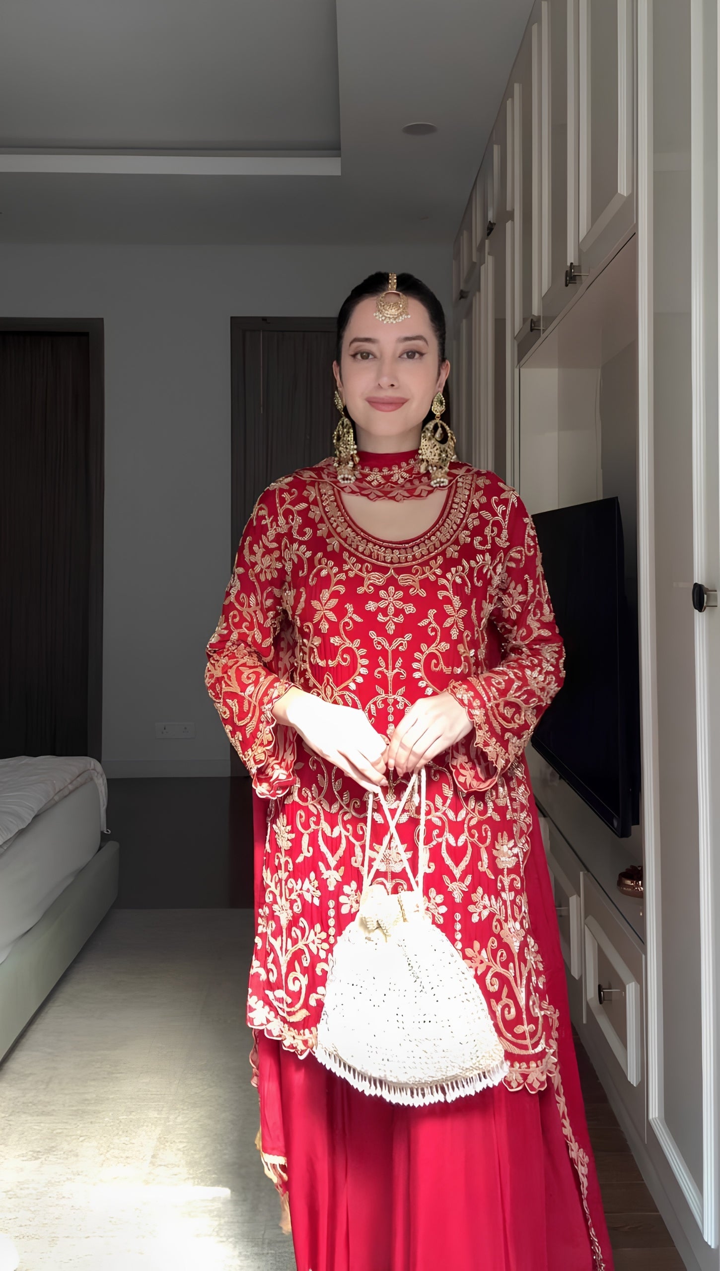Red Heavy Embroidered Faux Georgette Sharara Suit Set