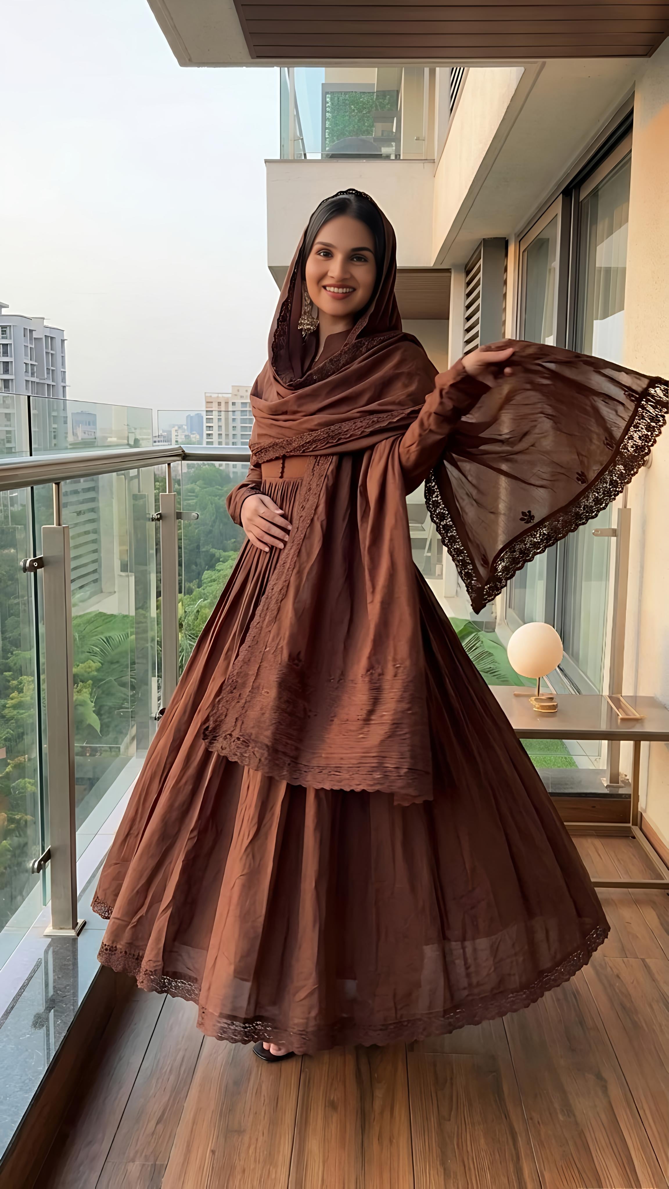 Brown Flared Anarkali Suit Set with Dupatta