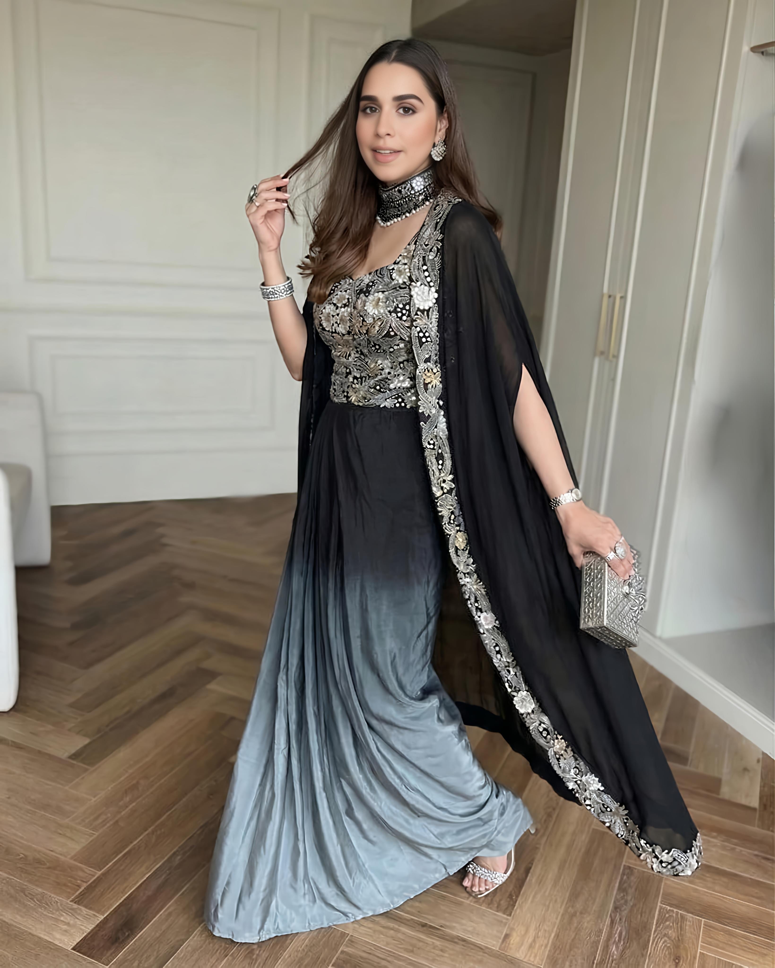 Black Ombre Draped Dhoti Skirt Set