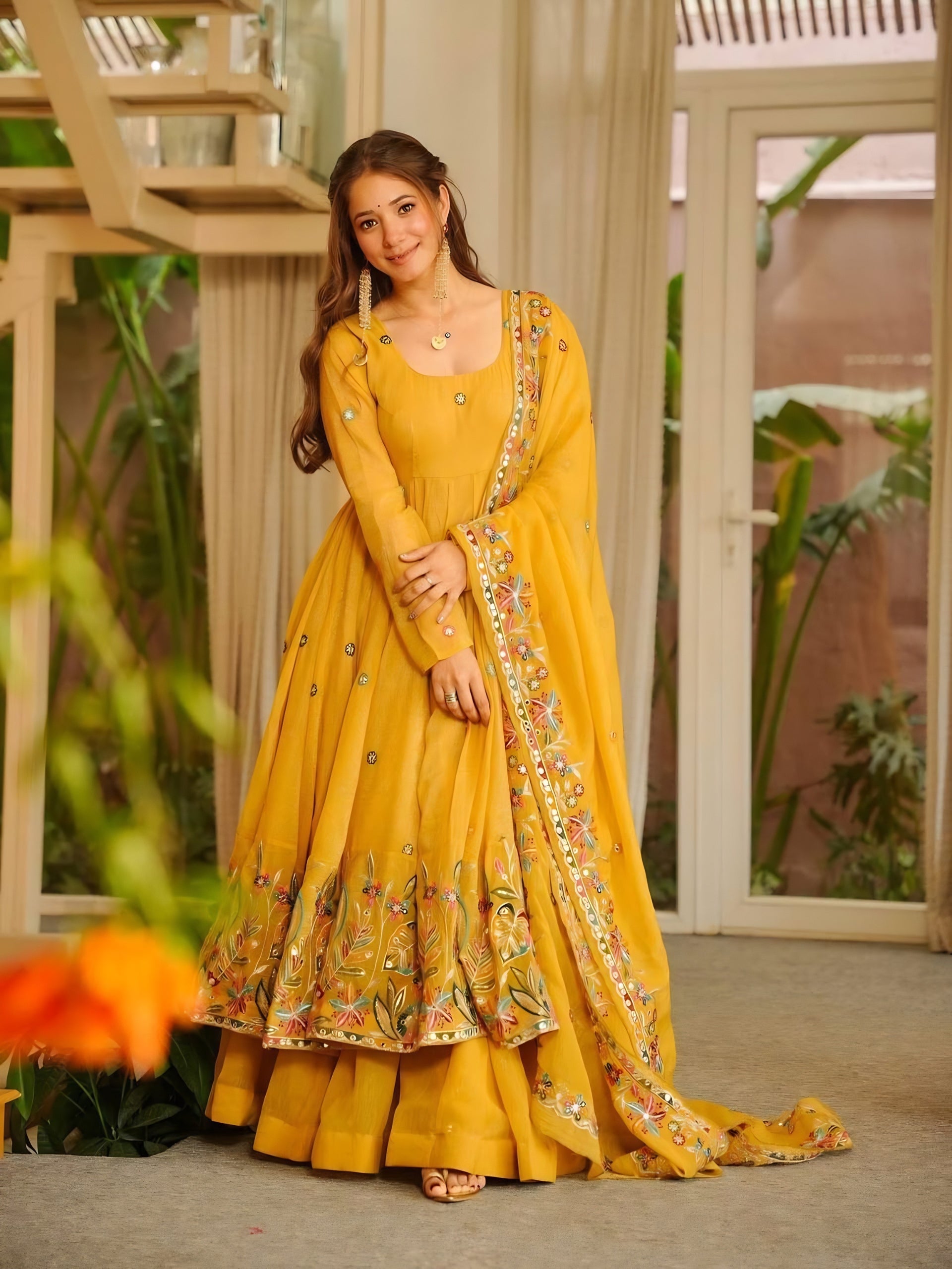 Yellow Embroidered Crunchy Silk Anarkali Suit Set