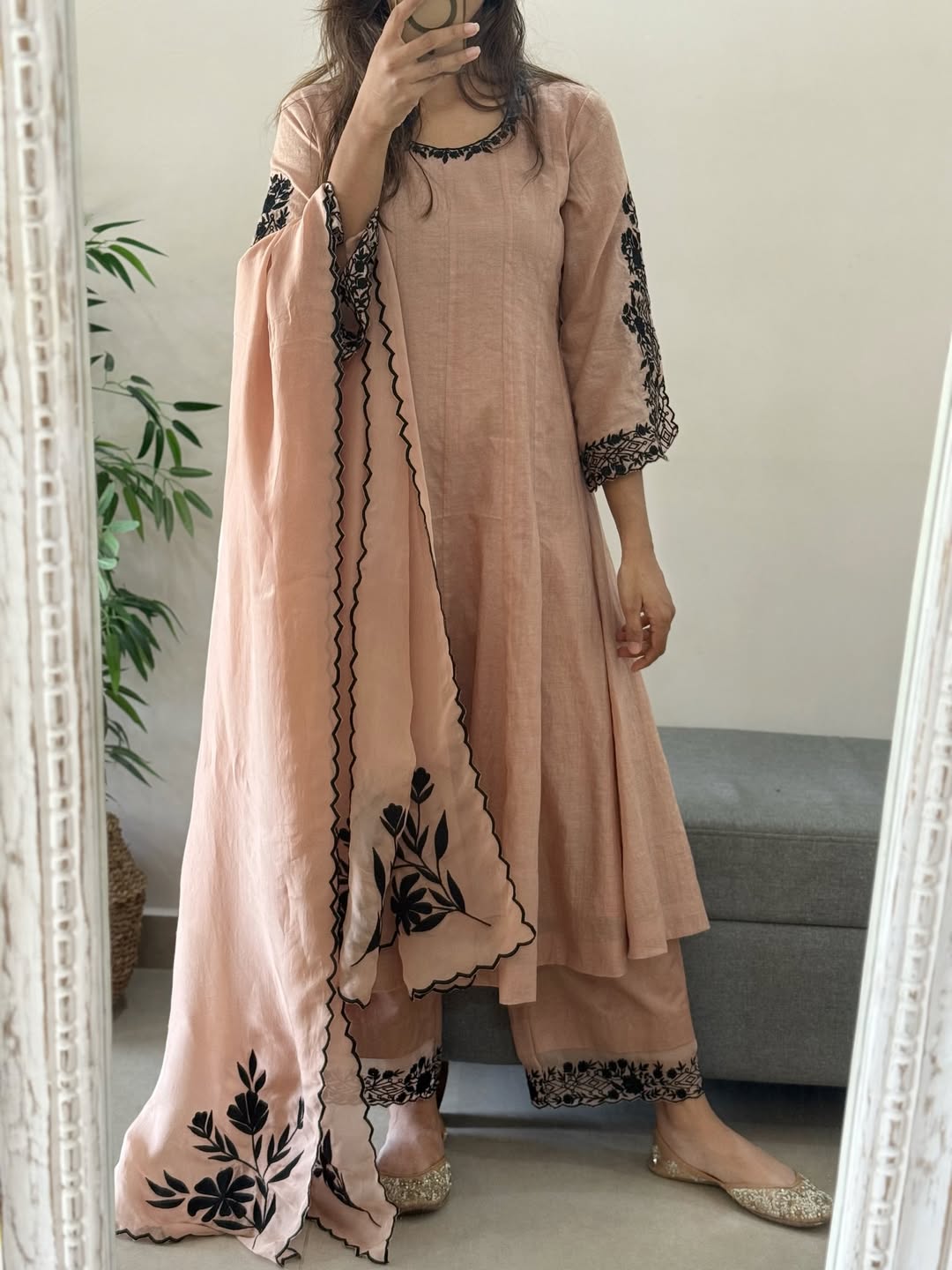 Peach Mul Chanderi Anarkali Suit Set