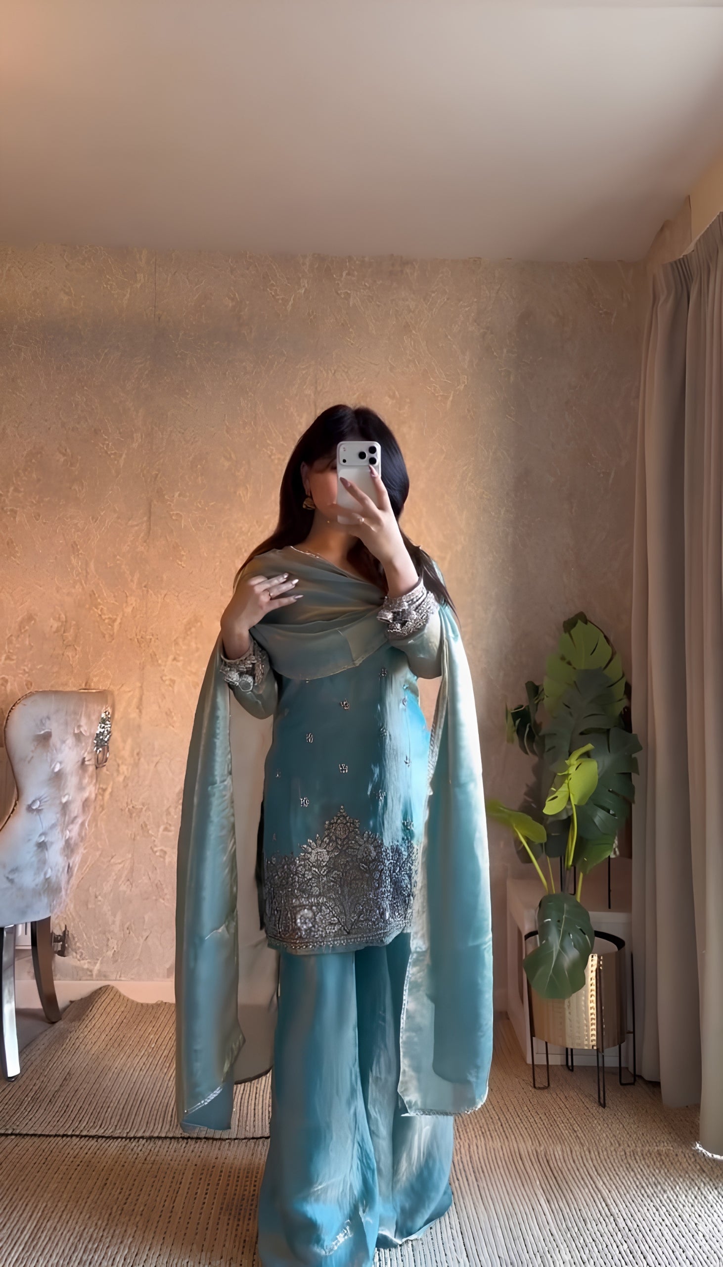 Plush Sky Blue Fendy Silk Embroidered Kurti Palazzo Set