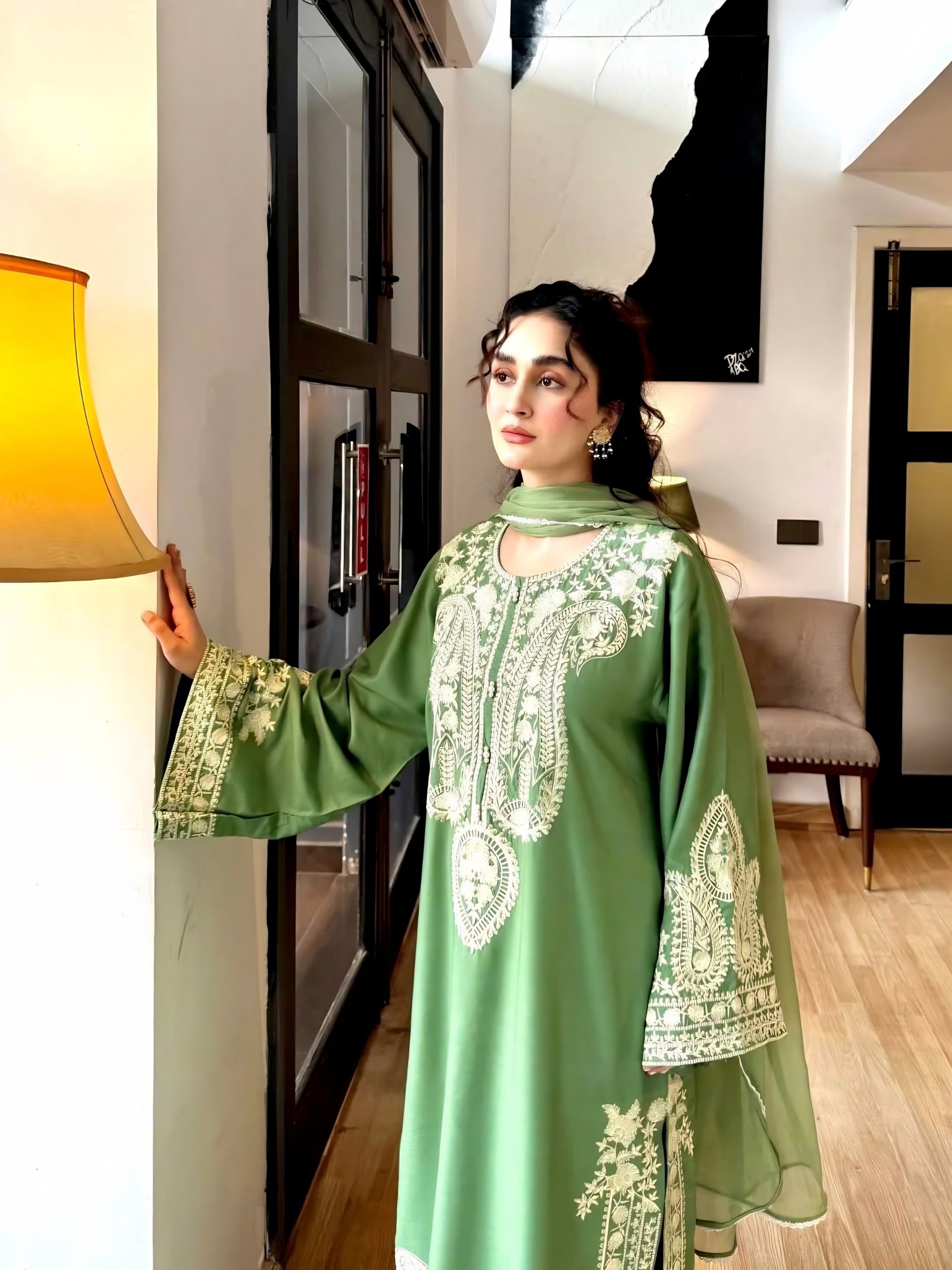 Sage Green Embroidered Suit Set