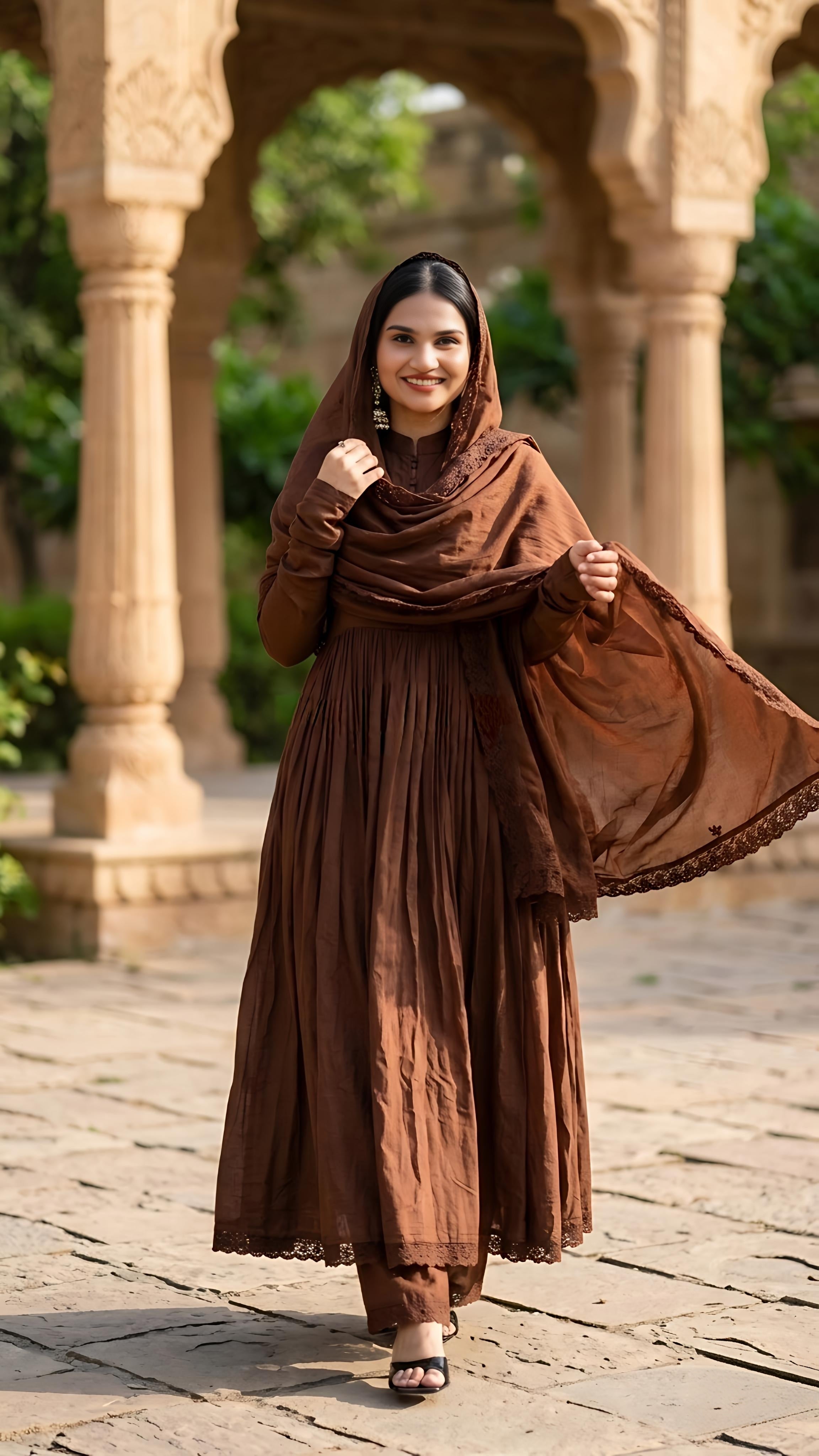 Brown Flared Anarkali Suit Set with Dupatta