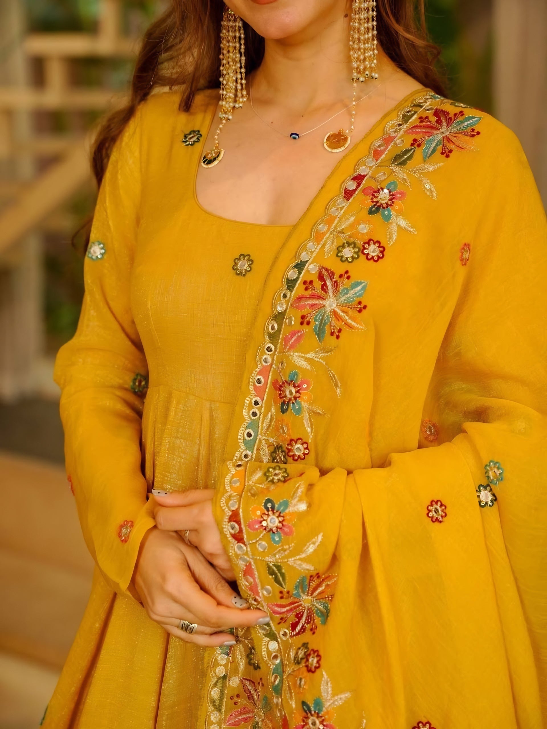 Yellow Embroidered Crunchy Silk Anarkali Suit Set