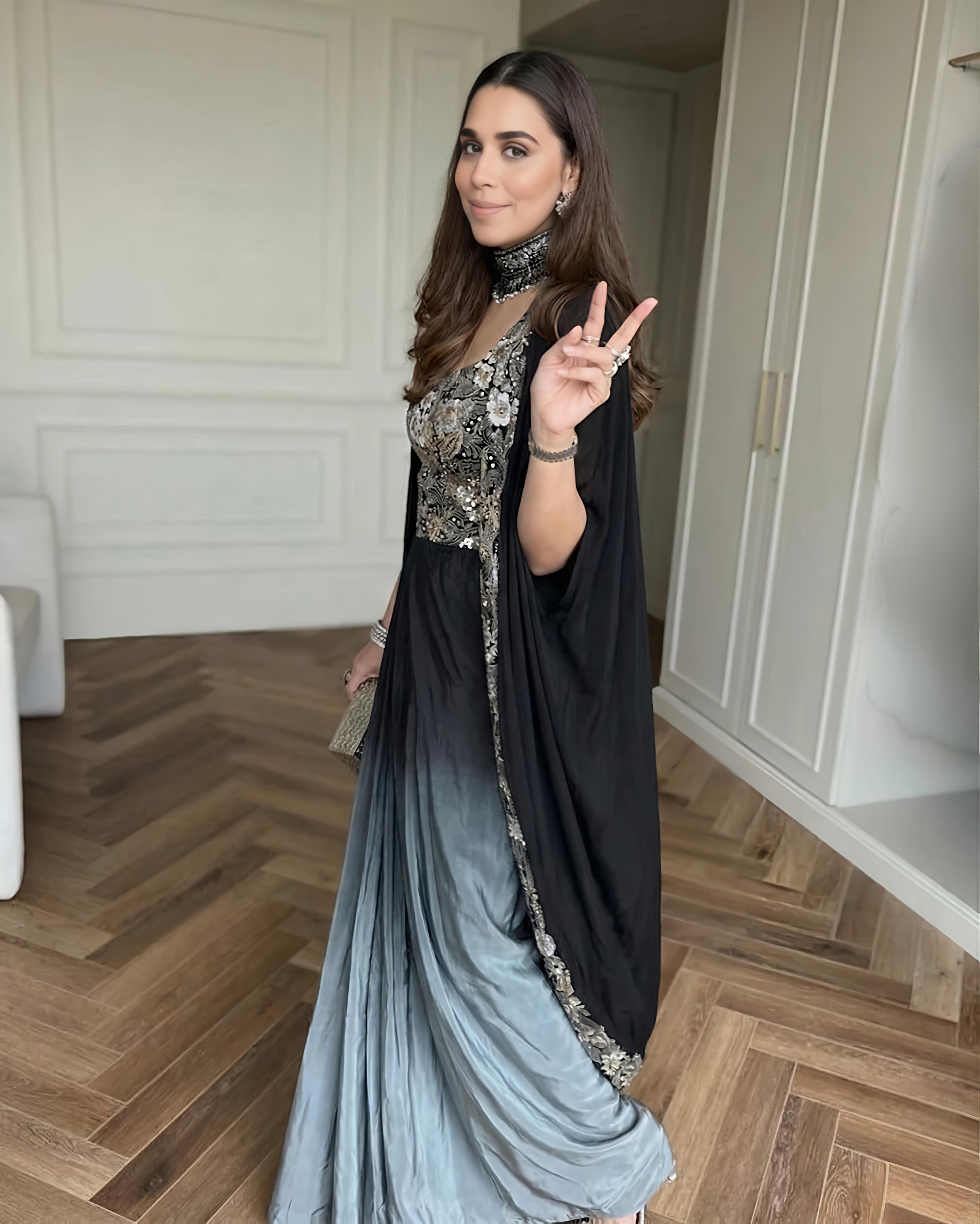 Black Ombre Draped Dhoti Skirt Set