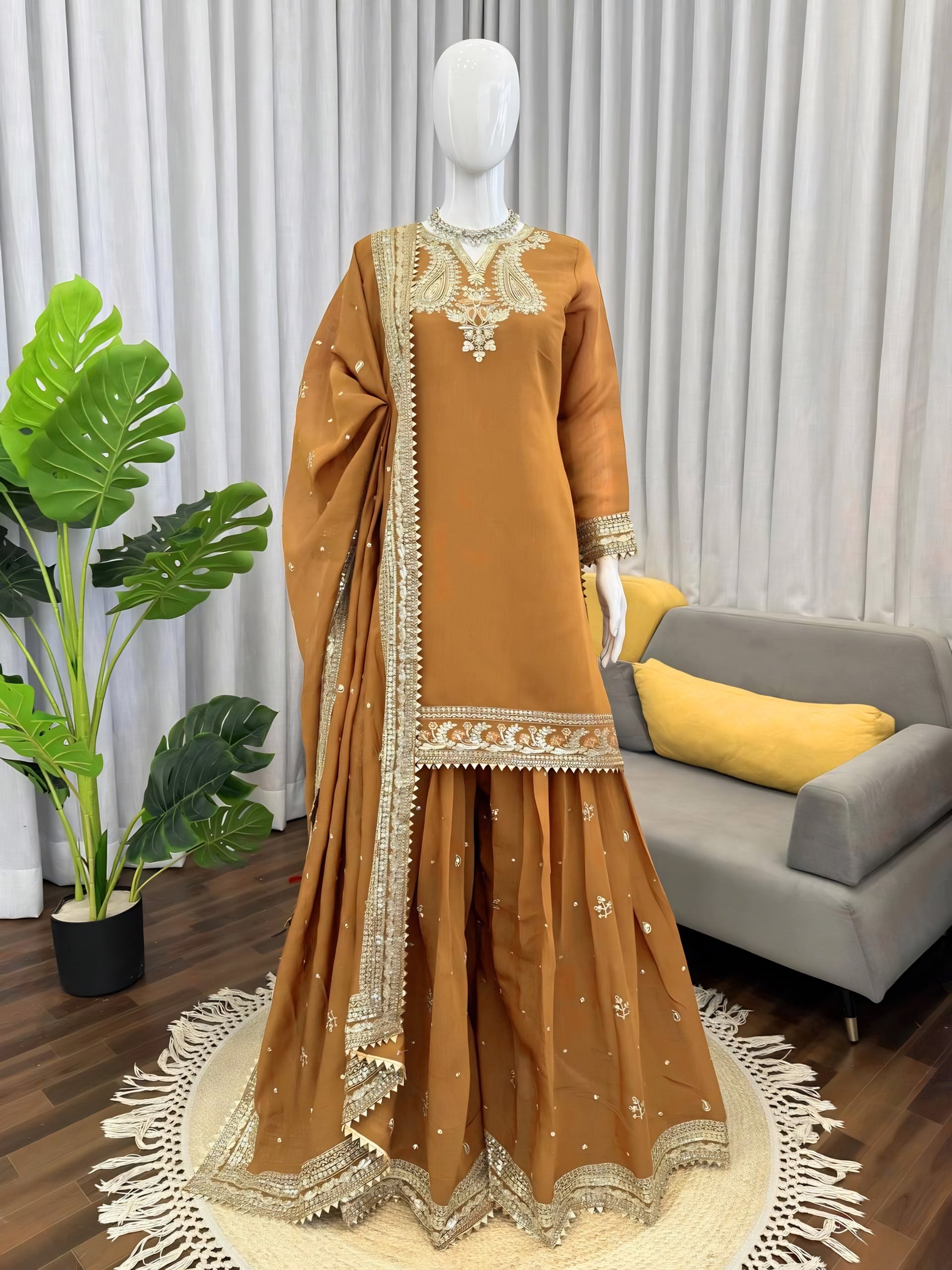 Mustard Yellow Mul Chanderi Palazzo Suit Set