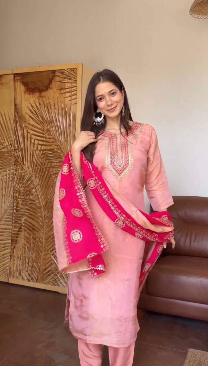 Pink Premium Fendy Silk Embroidered Suit Set