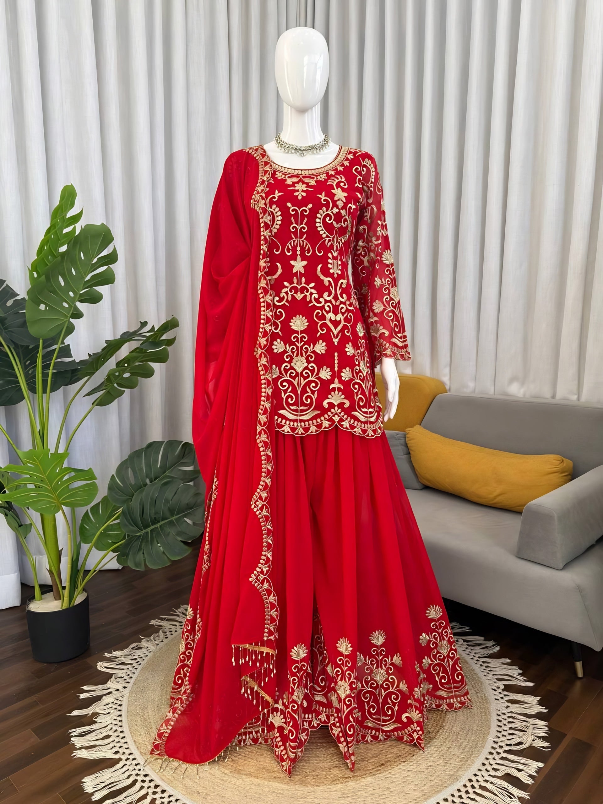 Red Heavy Embroidered Faux Georgette Sharara Suit Set