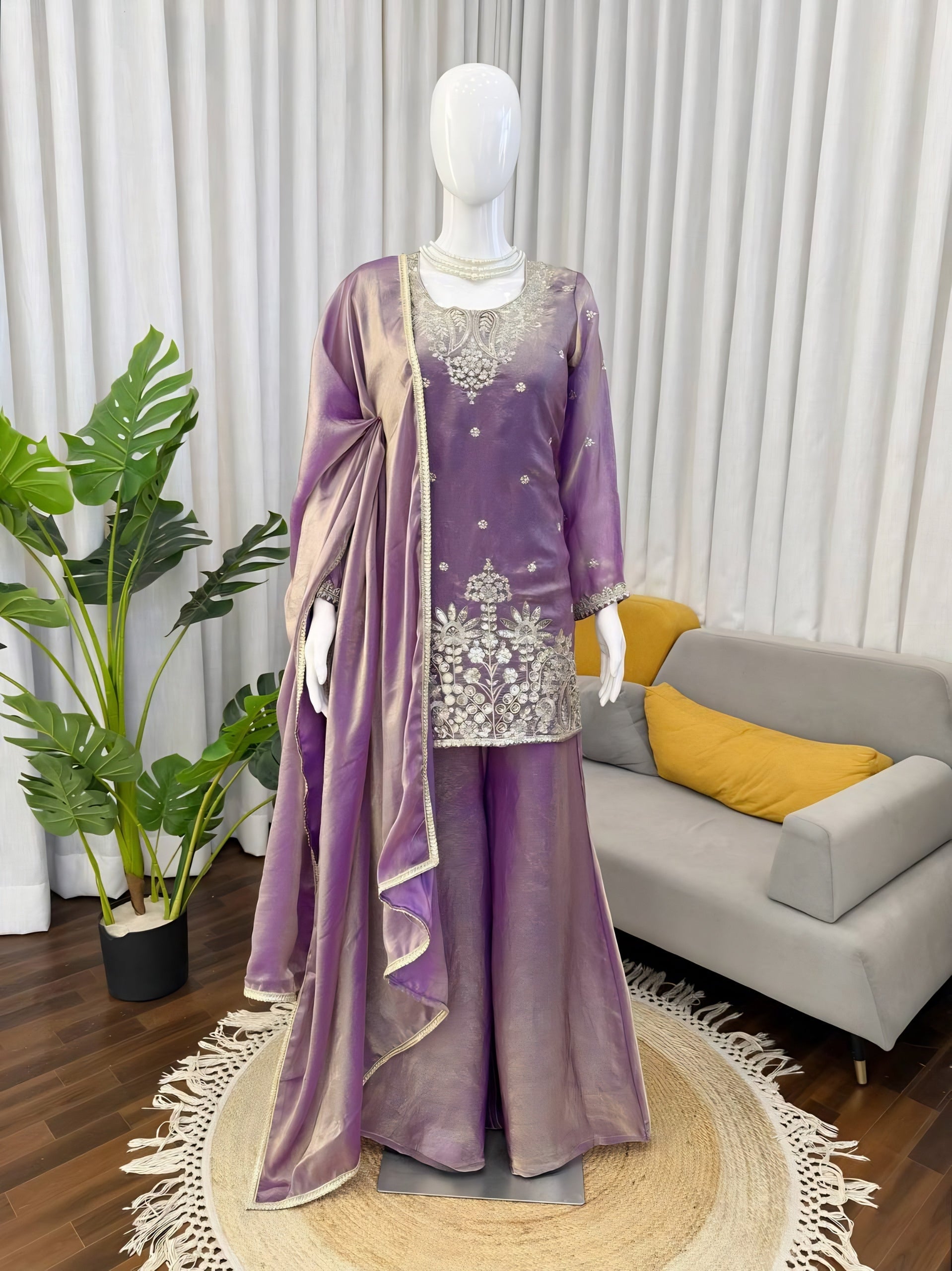 Plush Lavender Fendy Silk Embroidered Kurti Palazzo Set