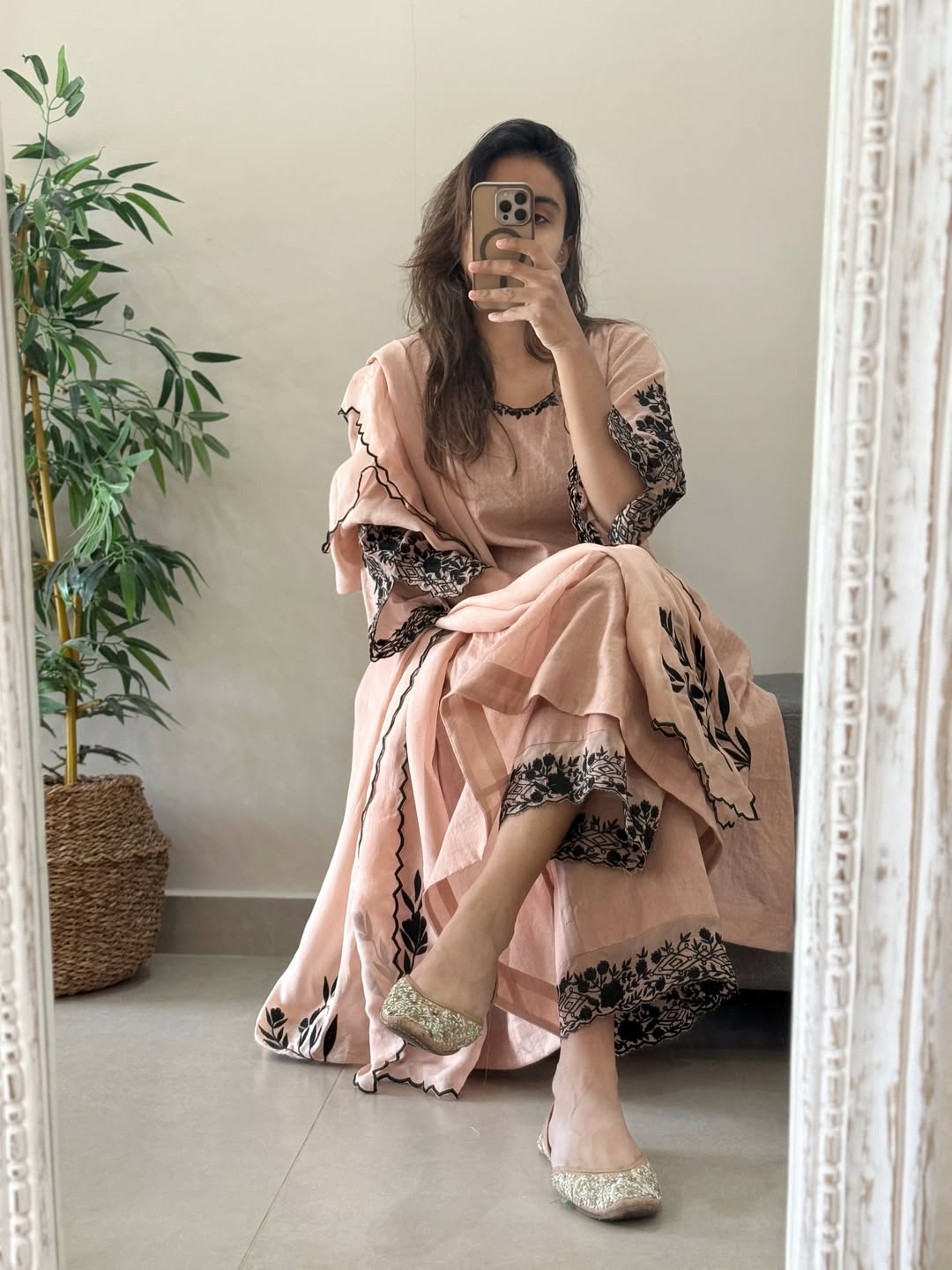 Peach Mul Chanderi Anarkali Suit Set