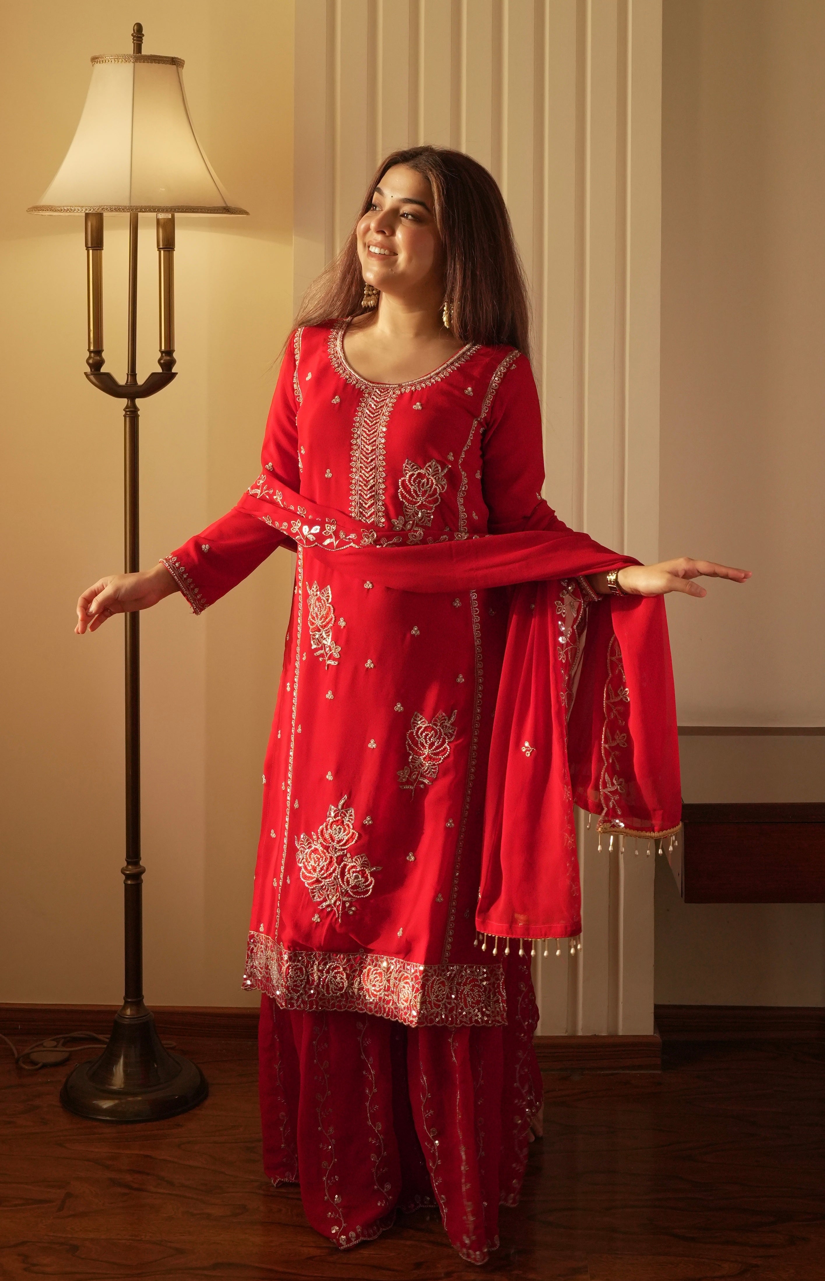 Traditional Red Hand-Embroidered Silk Sharara Suit