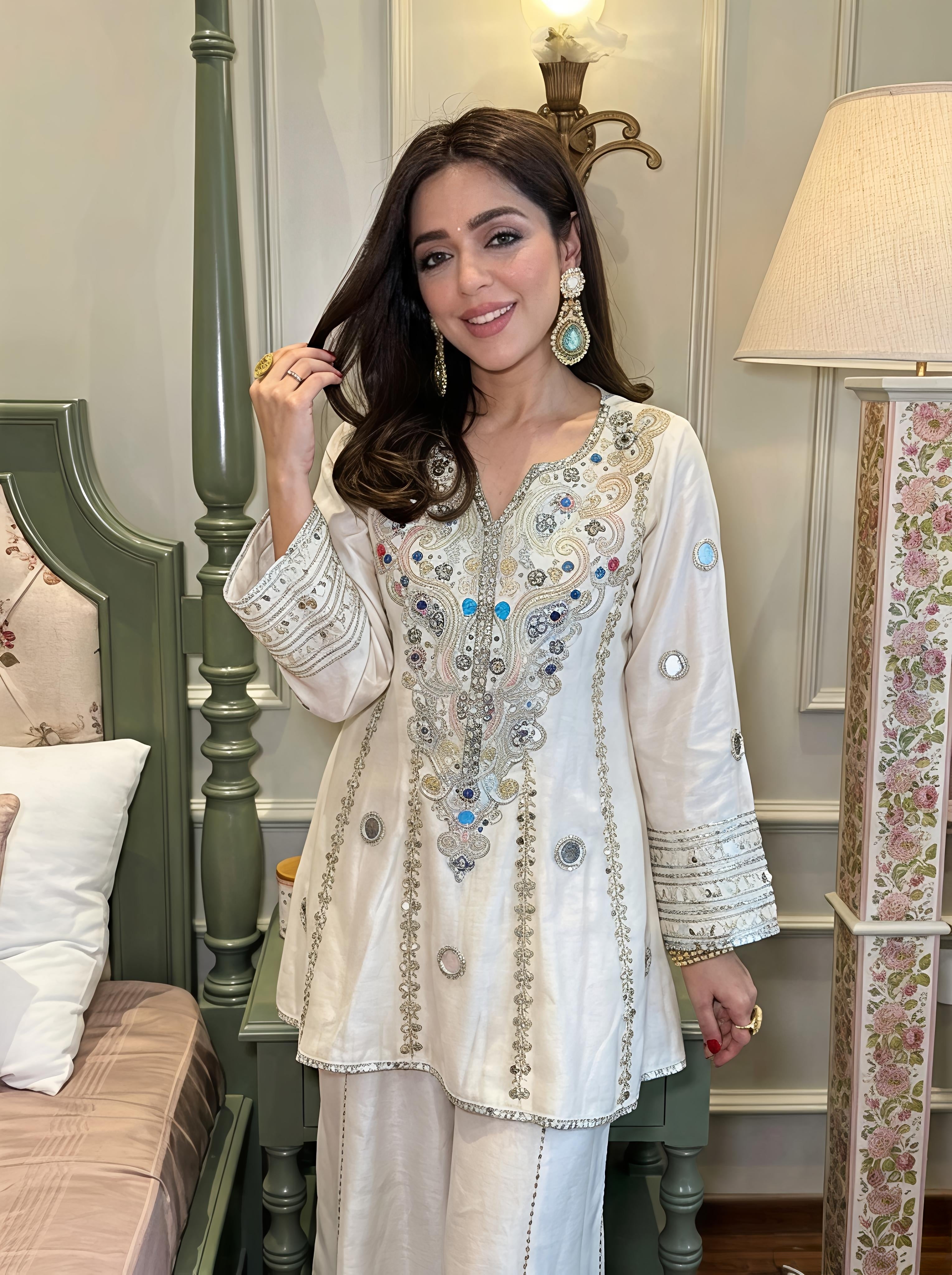 Ivory Luxe Hand-Embellished Kurta & Palazzo Set