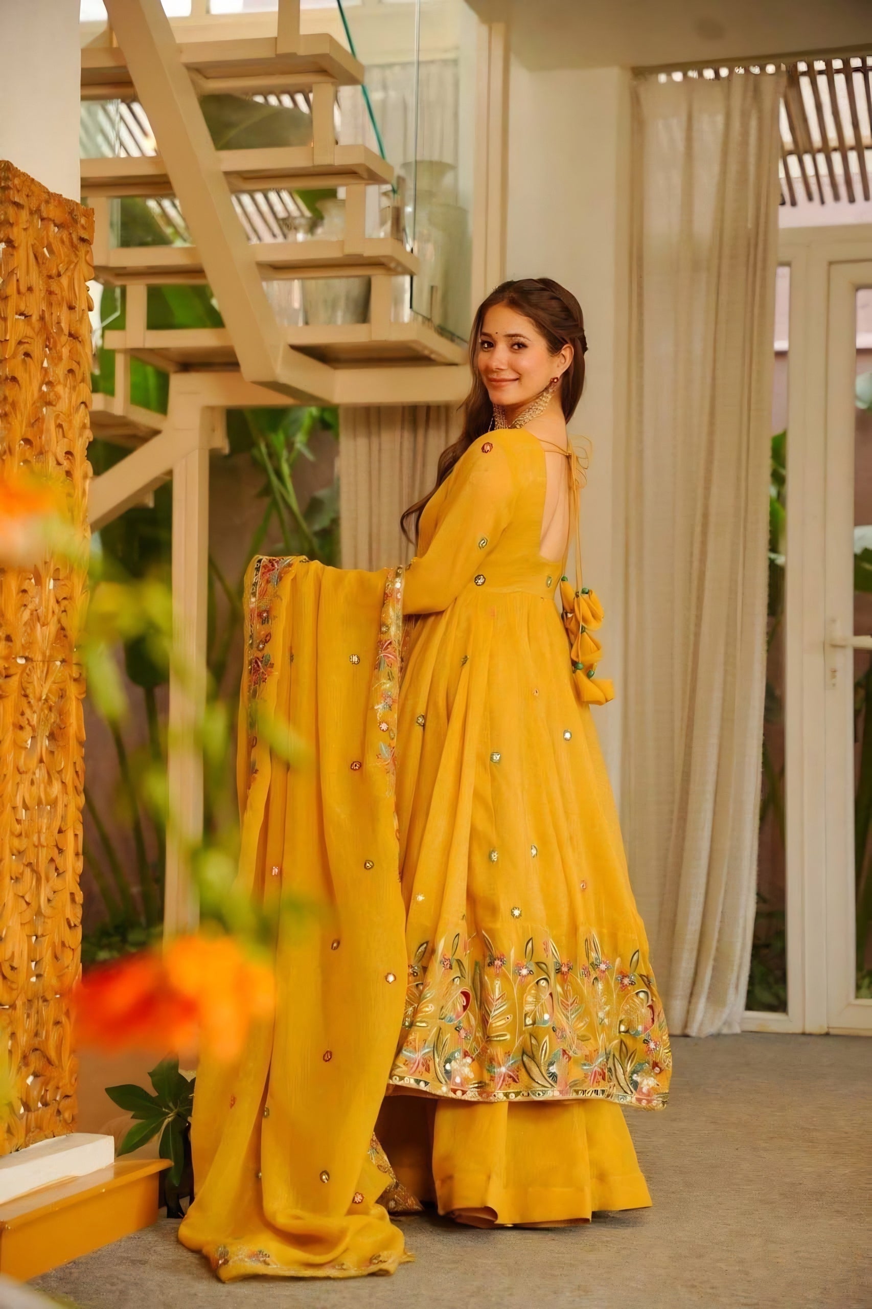 Yellow Embroidered Crunchy Silk Anarkali Suit Set
