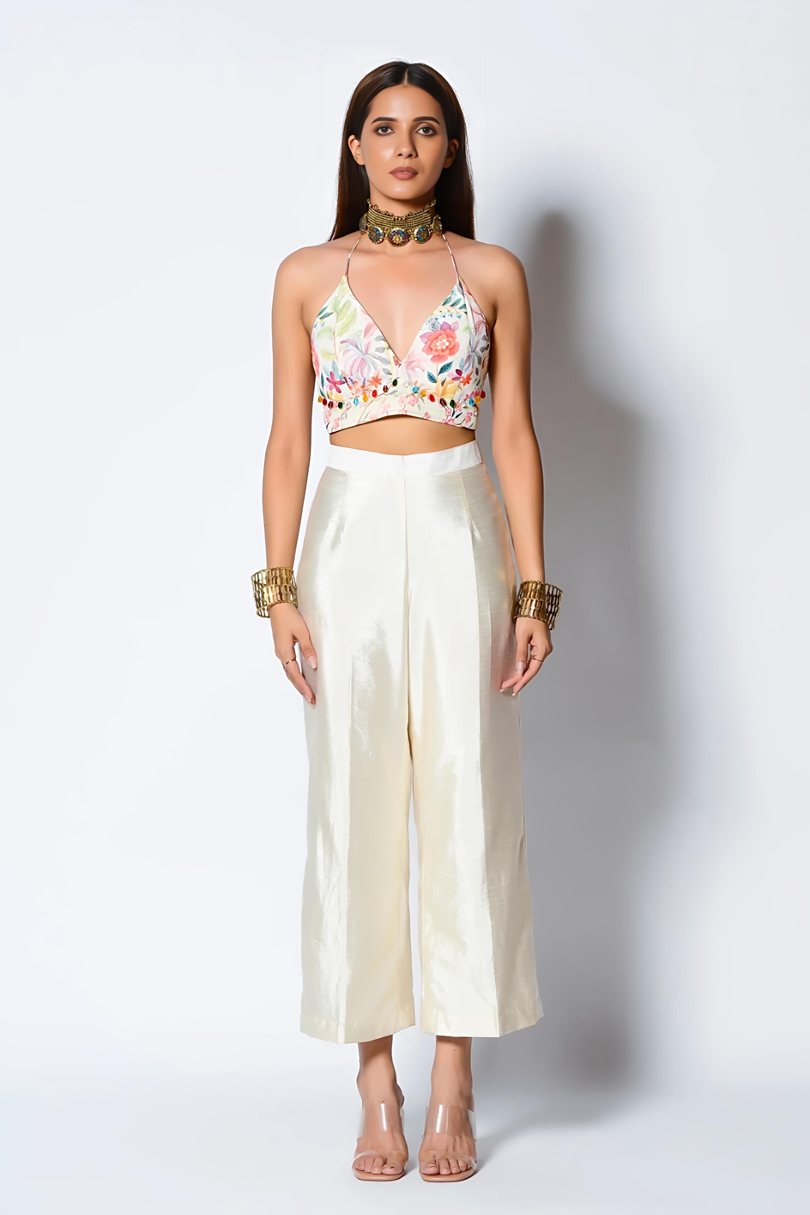 White Dupion Pant Set With Cape