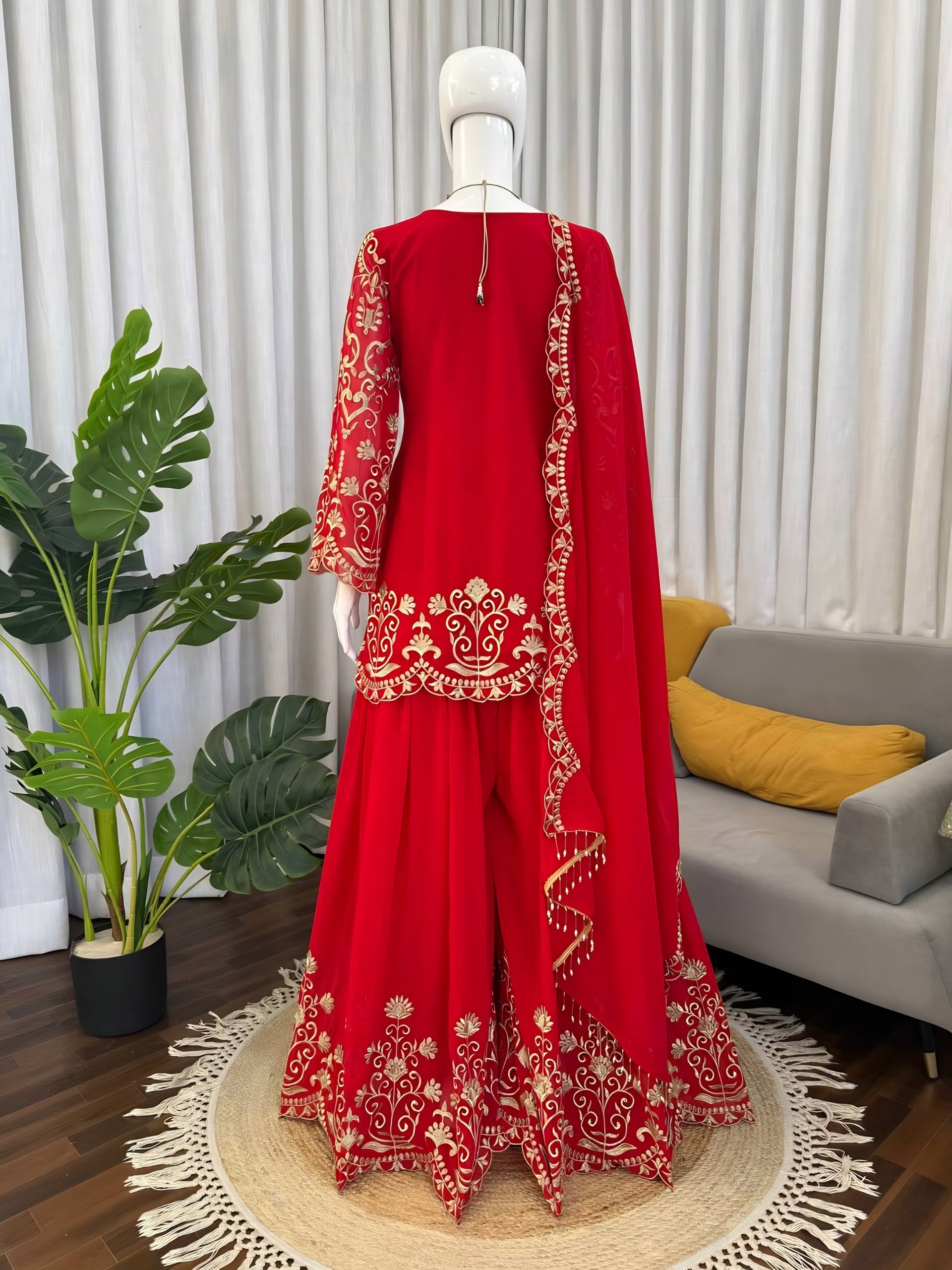 Red Heavy Embroidered Faux Georgette Sharara Suit Set