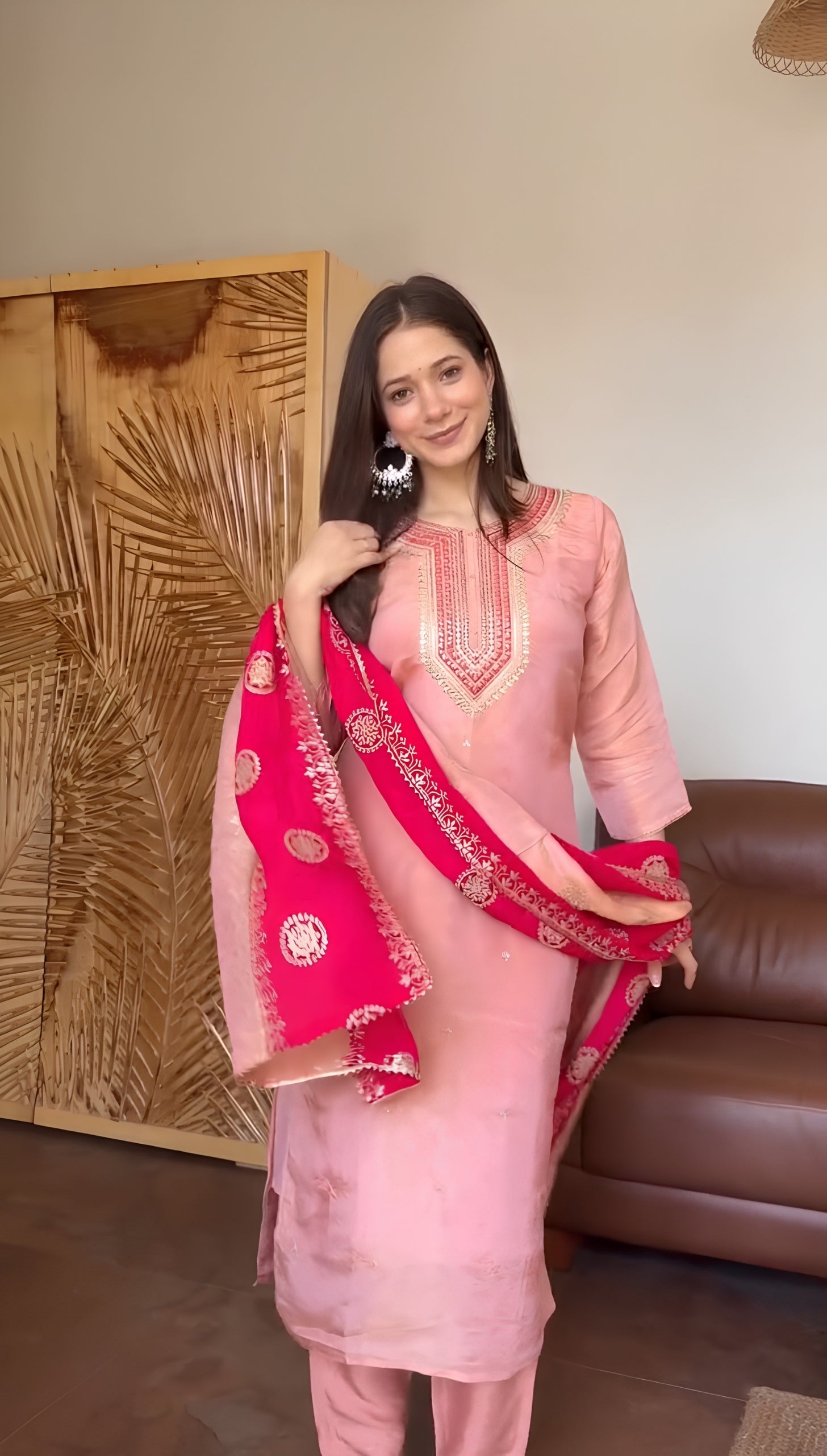 Pink Premium Fendy Silk Embroidered Suit Set