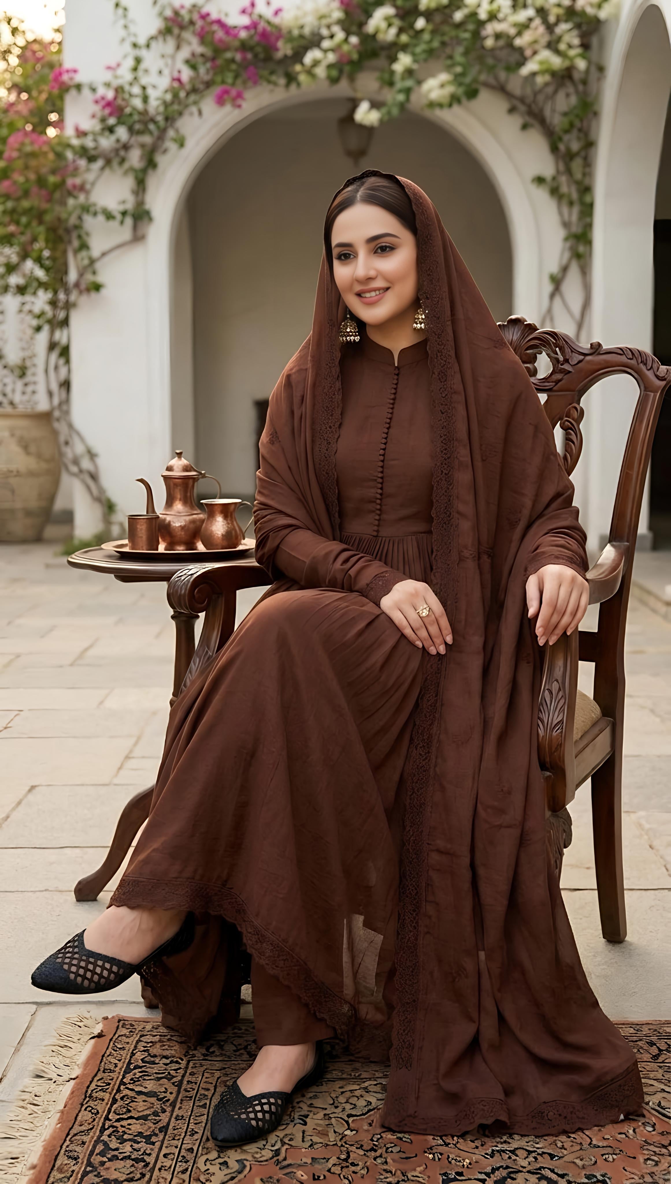 Brown Flared Anarkali Suit Set with Dupatta