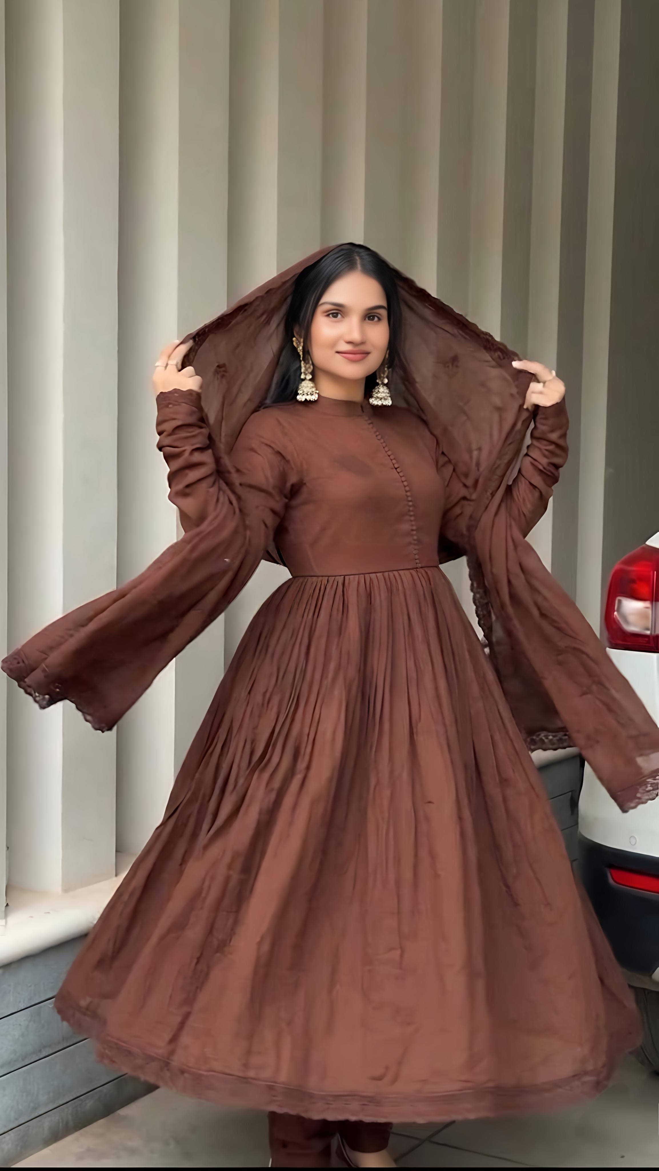Brown Flared Anarkali Suit Set with Dupatta