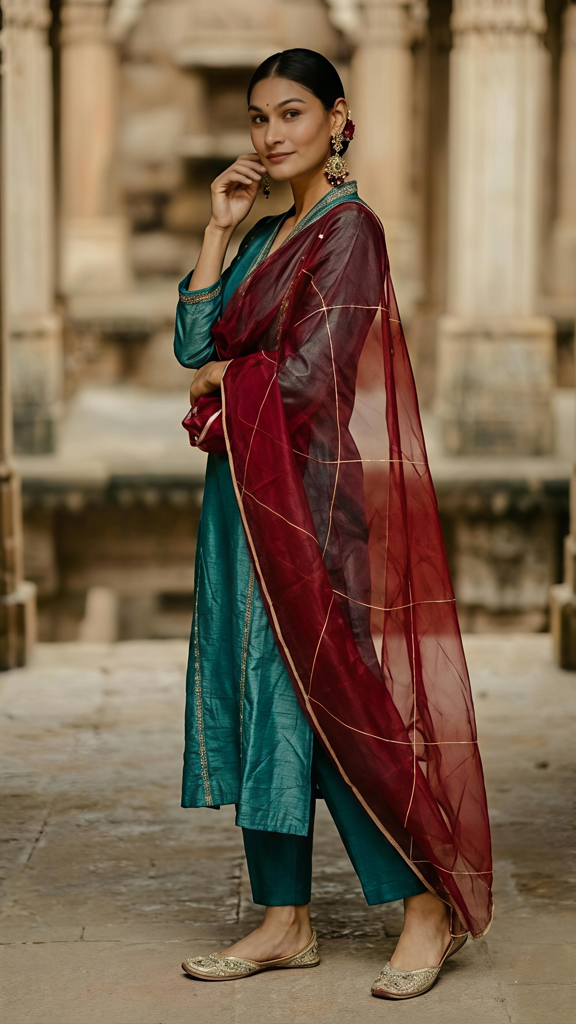Green Kurta And Pant Tissue Embroidered Aari V Neck Set