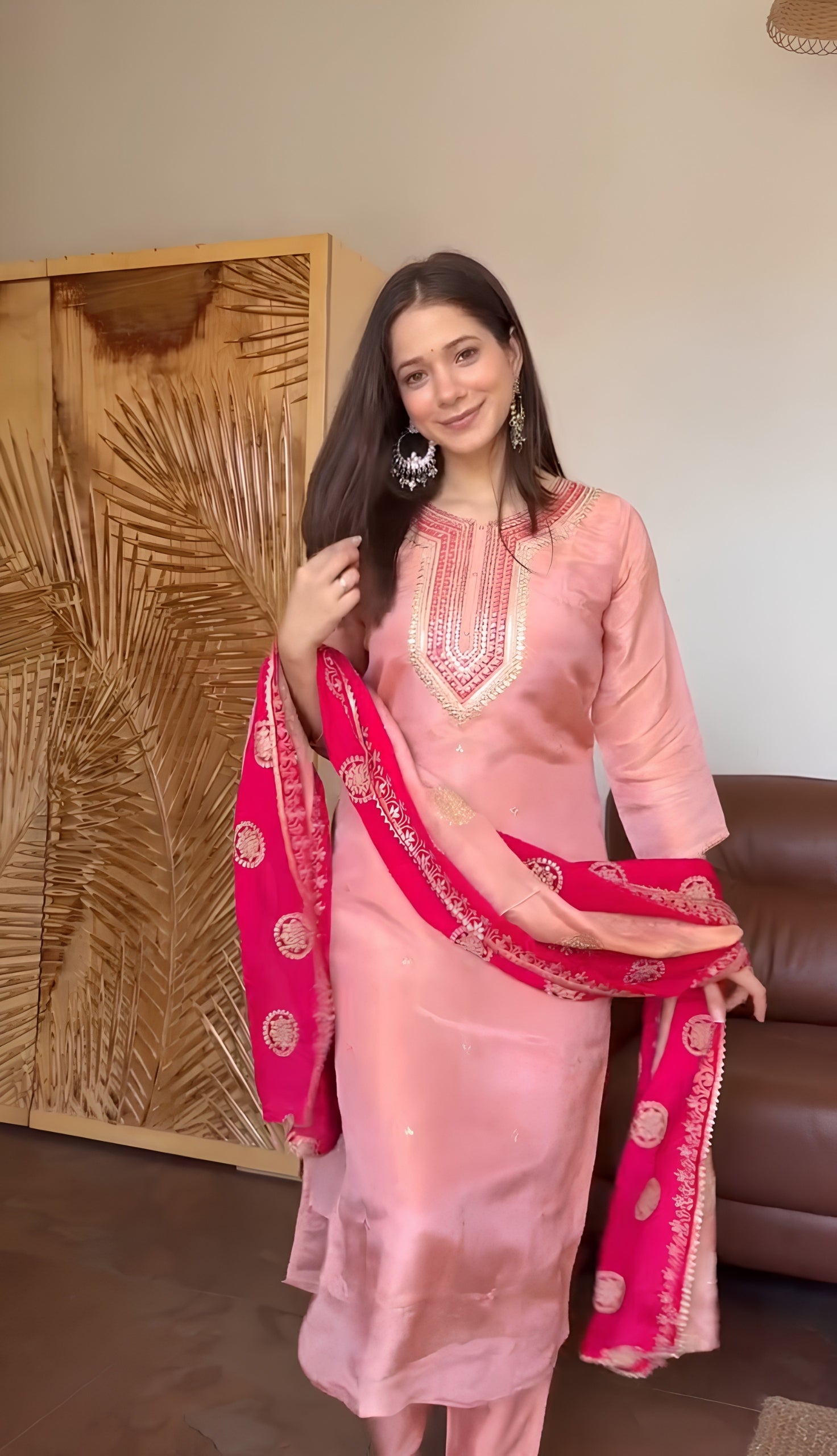 Pink Premium Fendy Silk Embroidered Suit Set