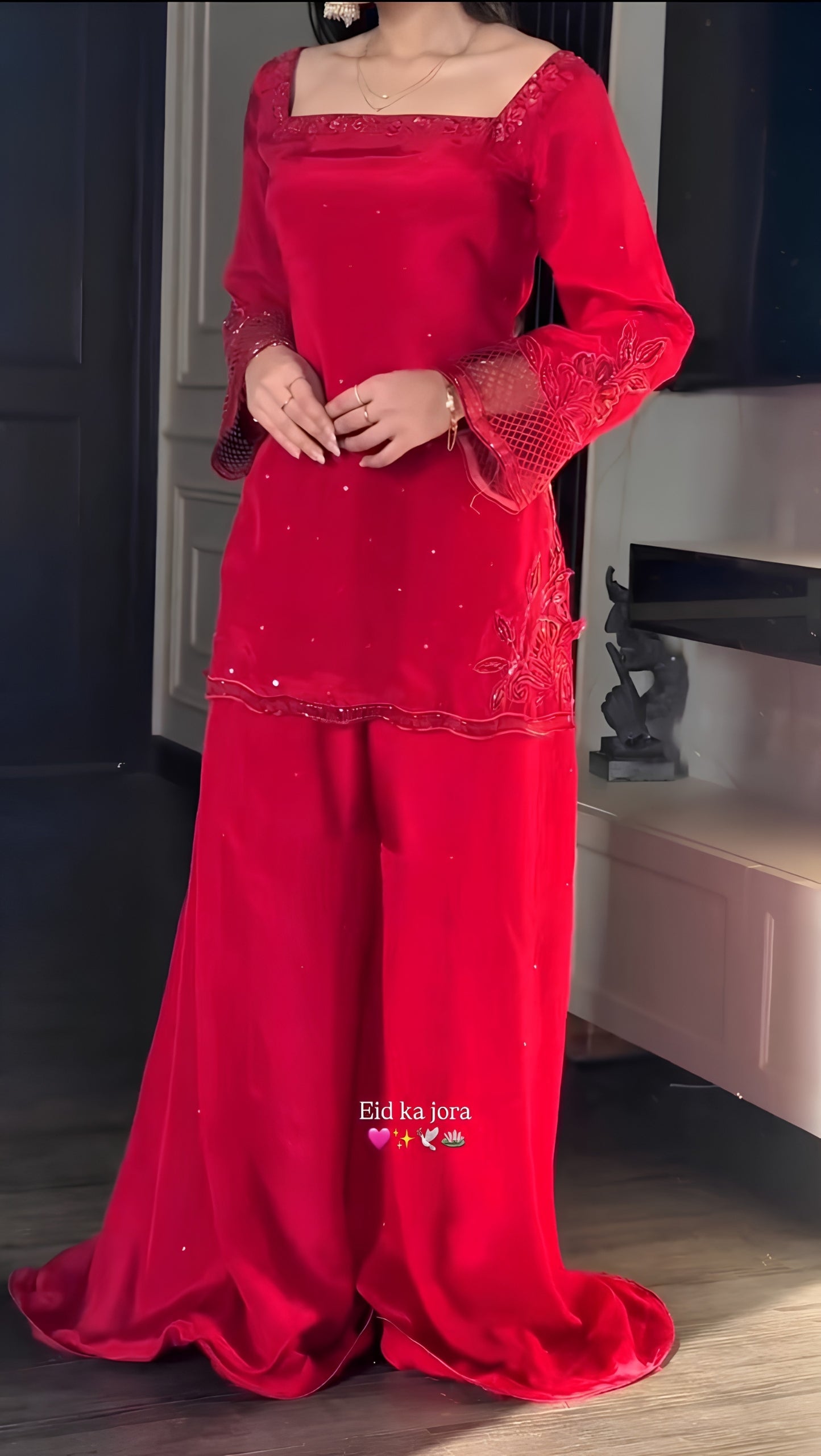 Red Embroidered Crepe Silk Farshi Suit