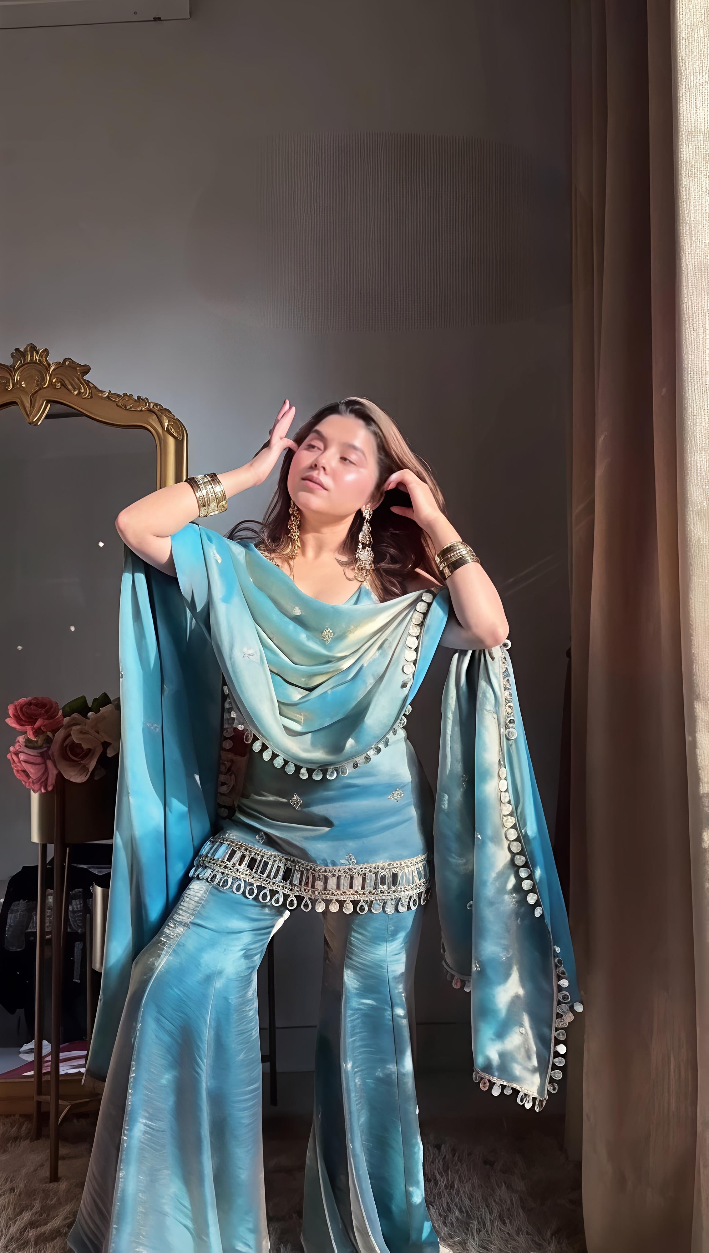 Sea Green Simmer Silk Embroidery Palazo Kurti With Dupatta
