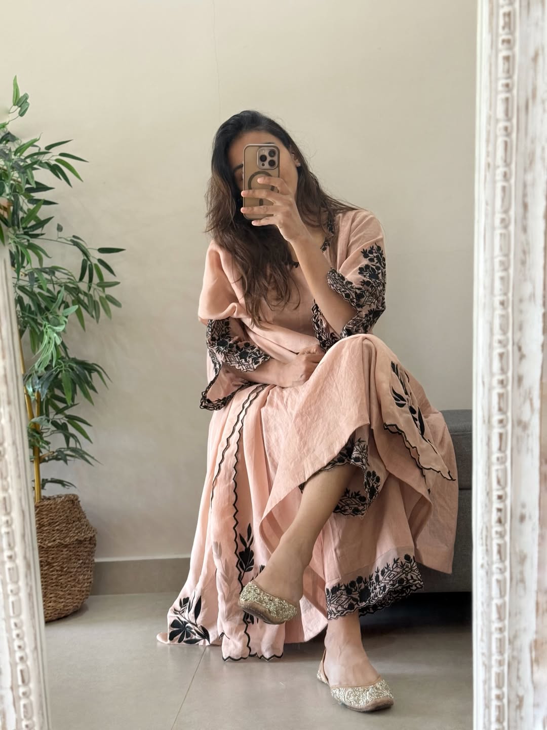 Peach Mul Chanderi Anarkali Suit Set