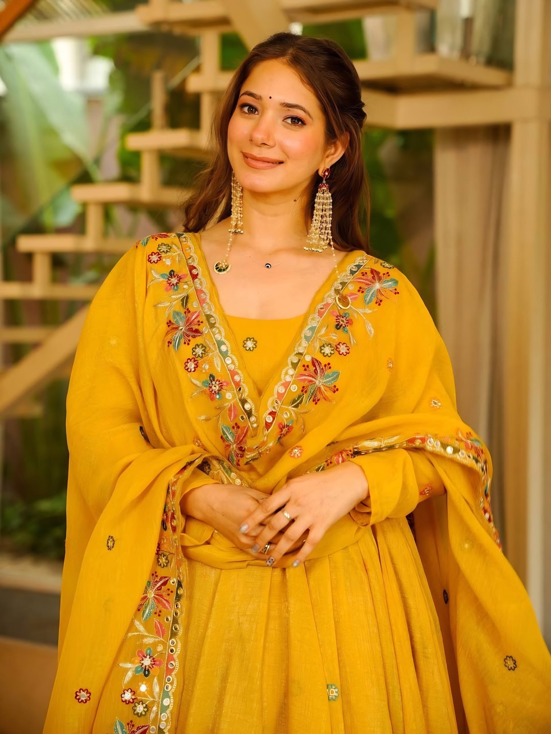 Yellow Embroidered Crunchy Silk Anarkali Suit Set
