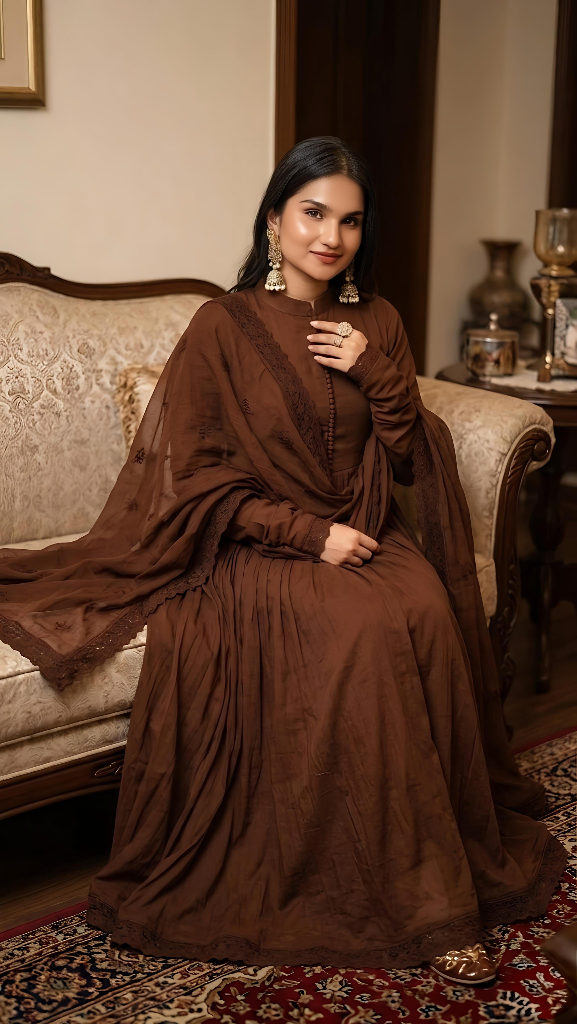 Brown Flared Anarkali Suit Set with Dupatta