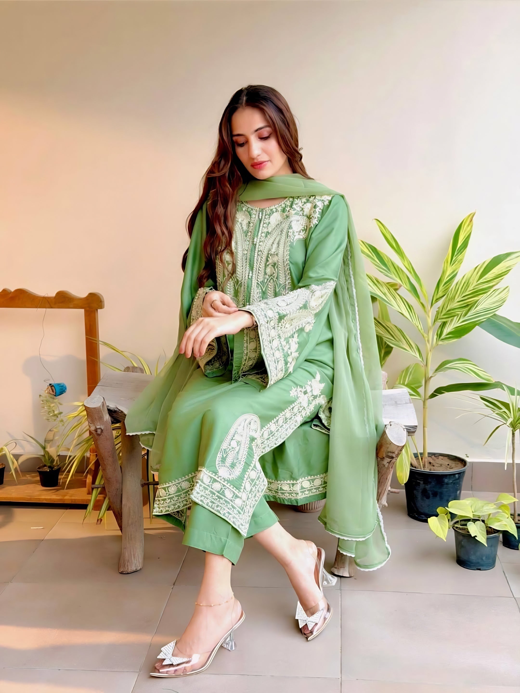 Sage Green Embroidered Suit Set