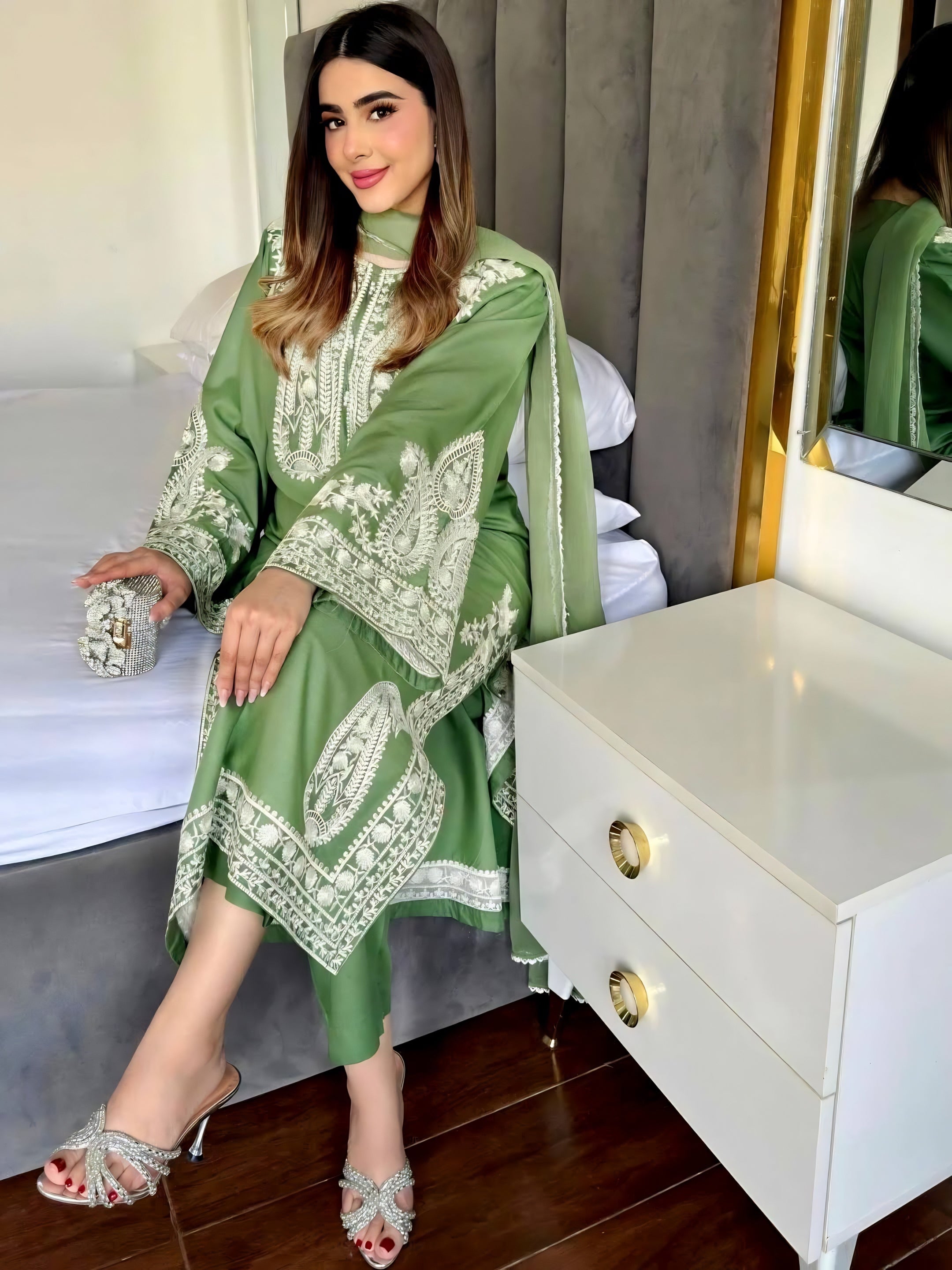 Sage Green Embroidered Suit Set