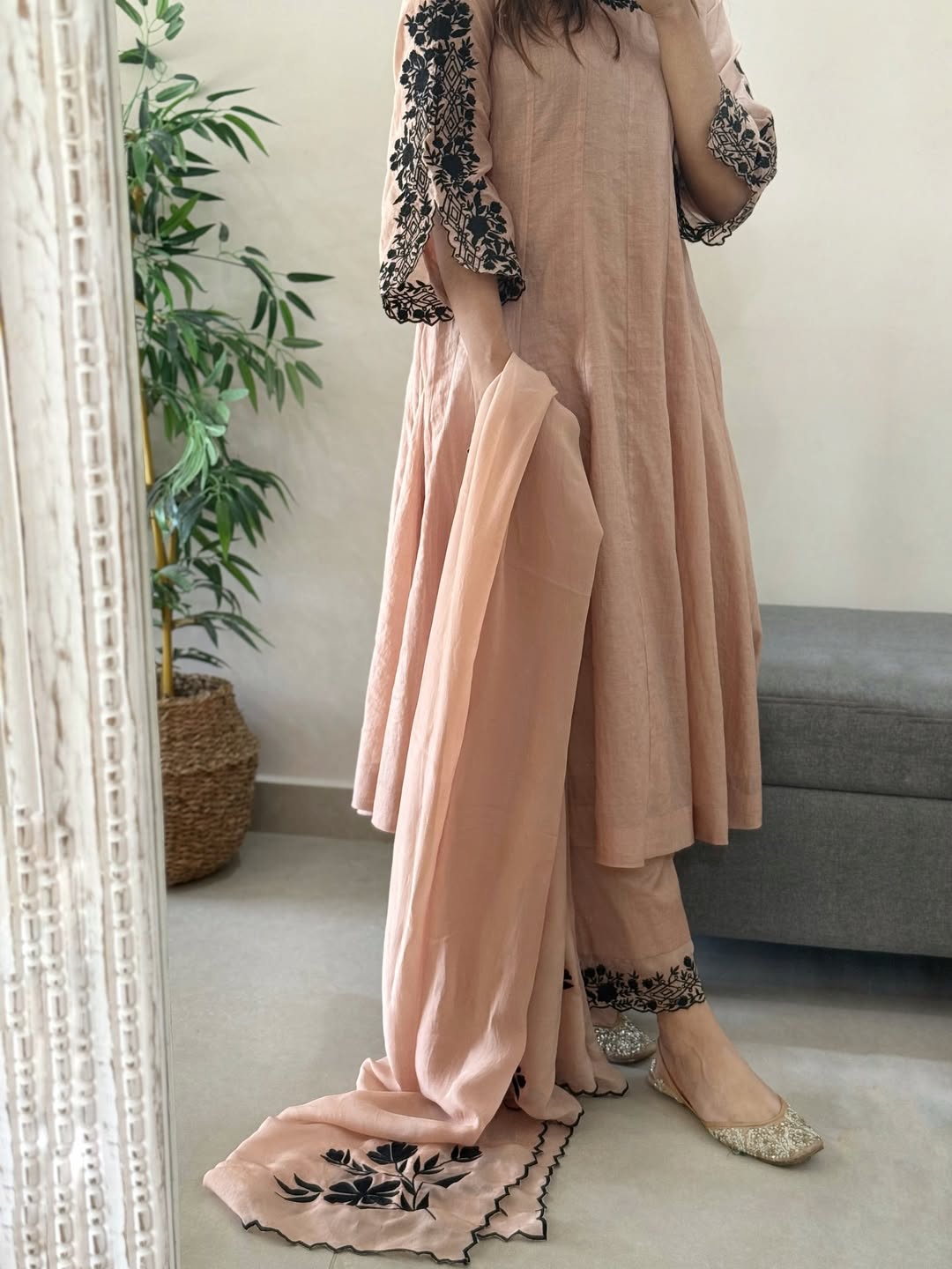Peach Mul Chanderi Anarkali Suit Set